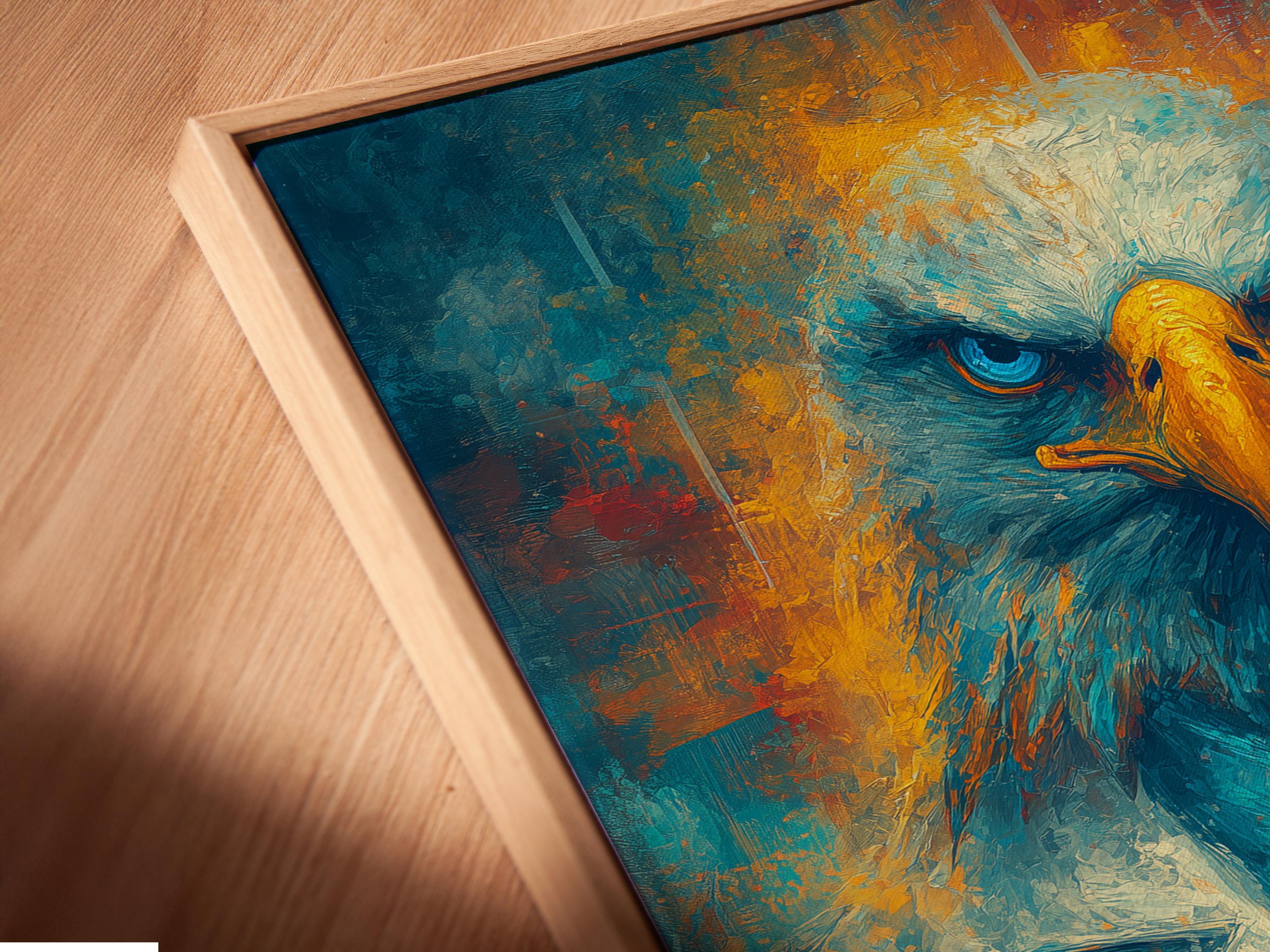 Stylised eagle portrait with vivid blue eyes and gold beak on a textured teal background detail view