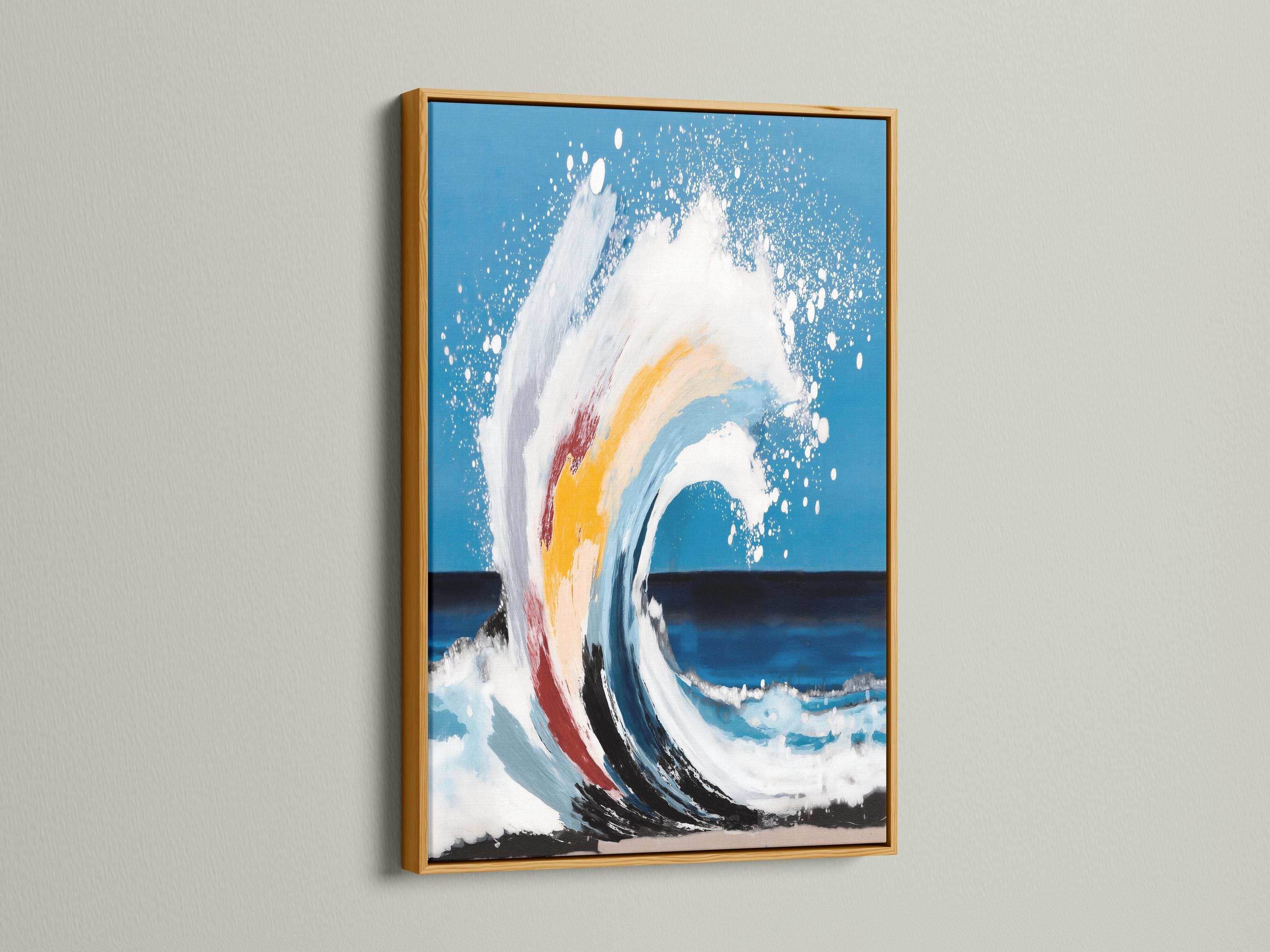 Abstract ocean wave painting with foamy white crest on teal blue background detail view