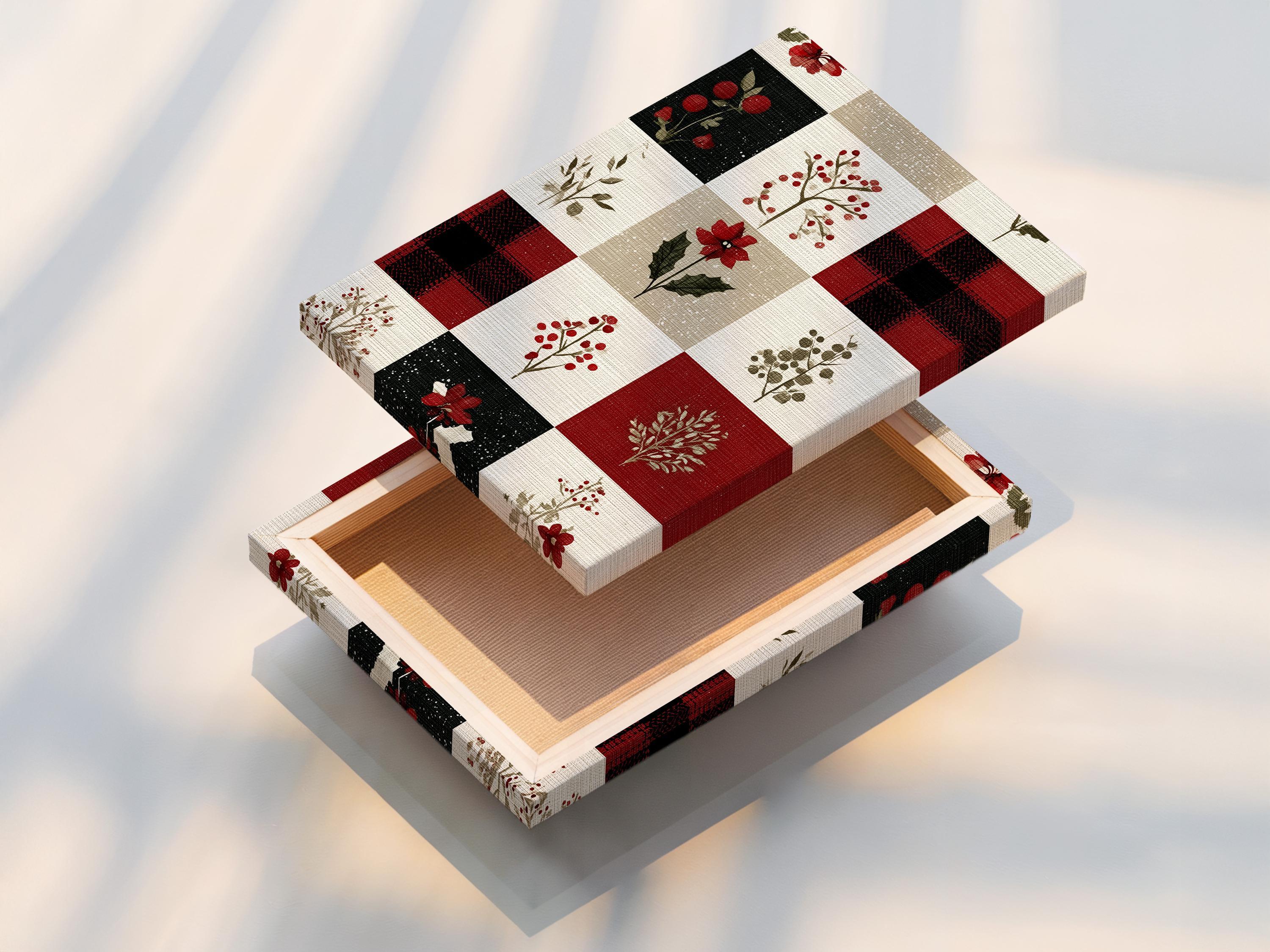 Patchwork floral artwork with red flowers and berries on cream, beige, and dark blocks detail view