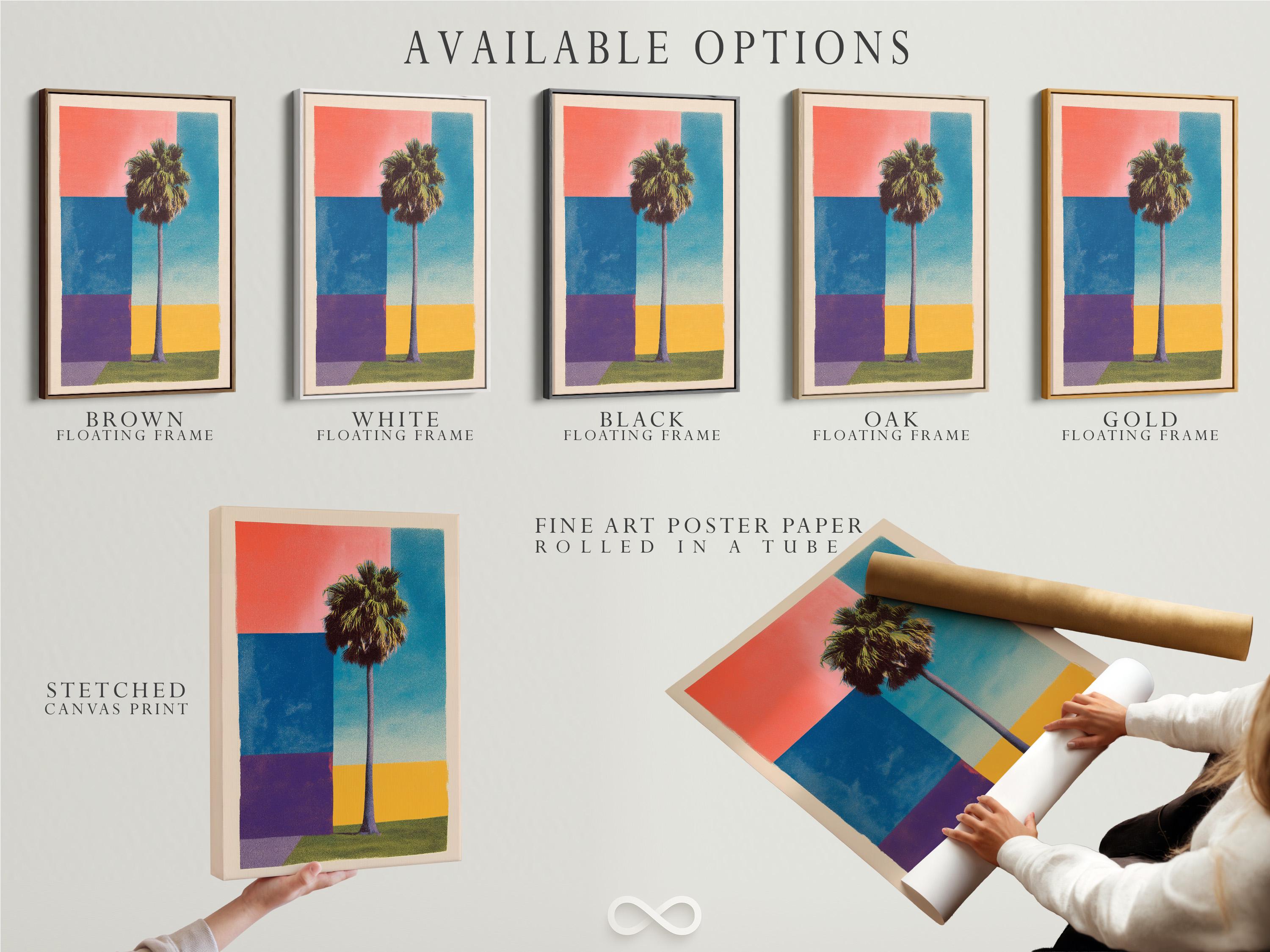 Retro geometric palm tree artwork with coral sky and turquoise blue blocks detail view