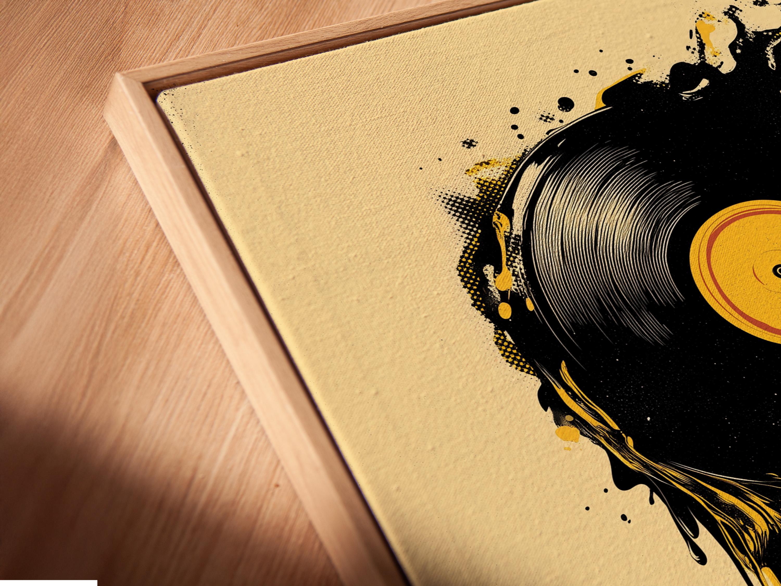 Room mockup showing a framed black and yellow vinyl record illustration with drip and splatter details