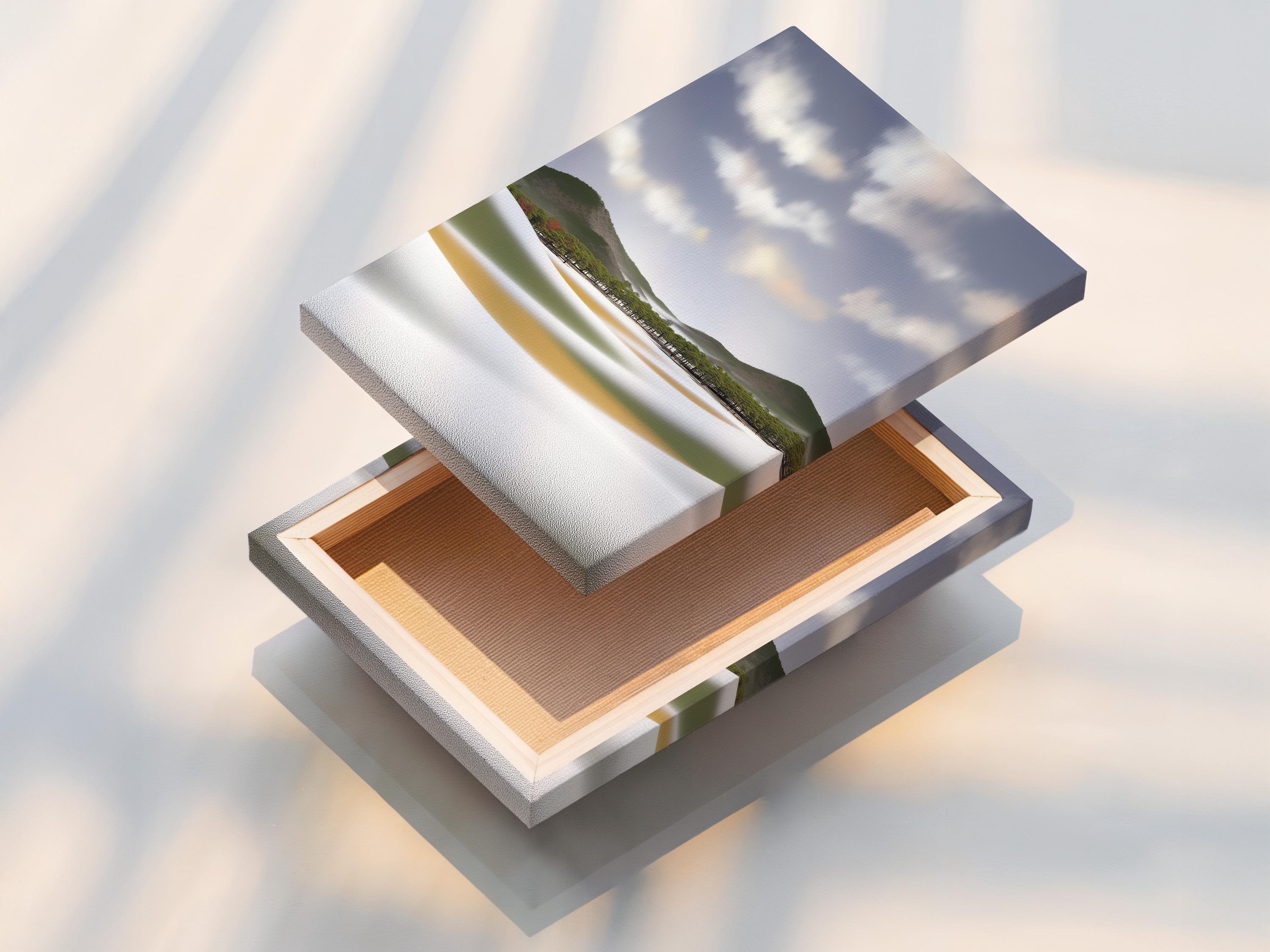 Neutral meadow landscape with rolling green hills, trees, and a misty cloud sky detail view