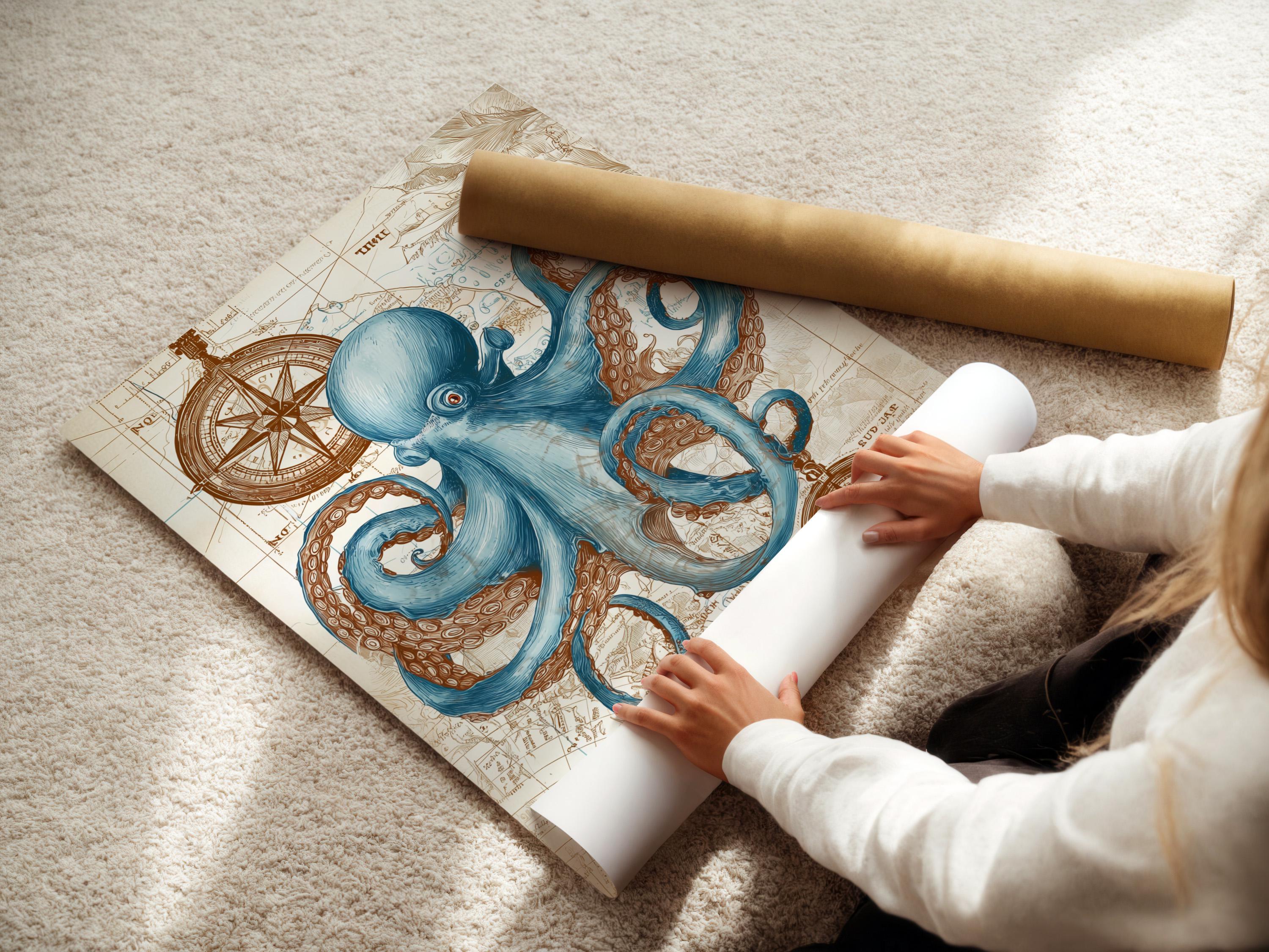 Blue octopus with curled tentacles over an antique map with compass rose motifs detail view