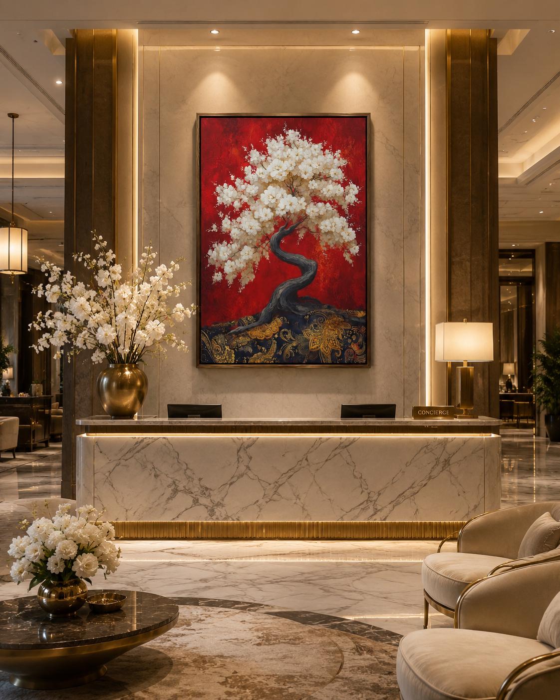 Spa reception scene with a woman seated at a reception desk and a cherry blossom tree artwork on the wall