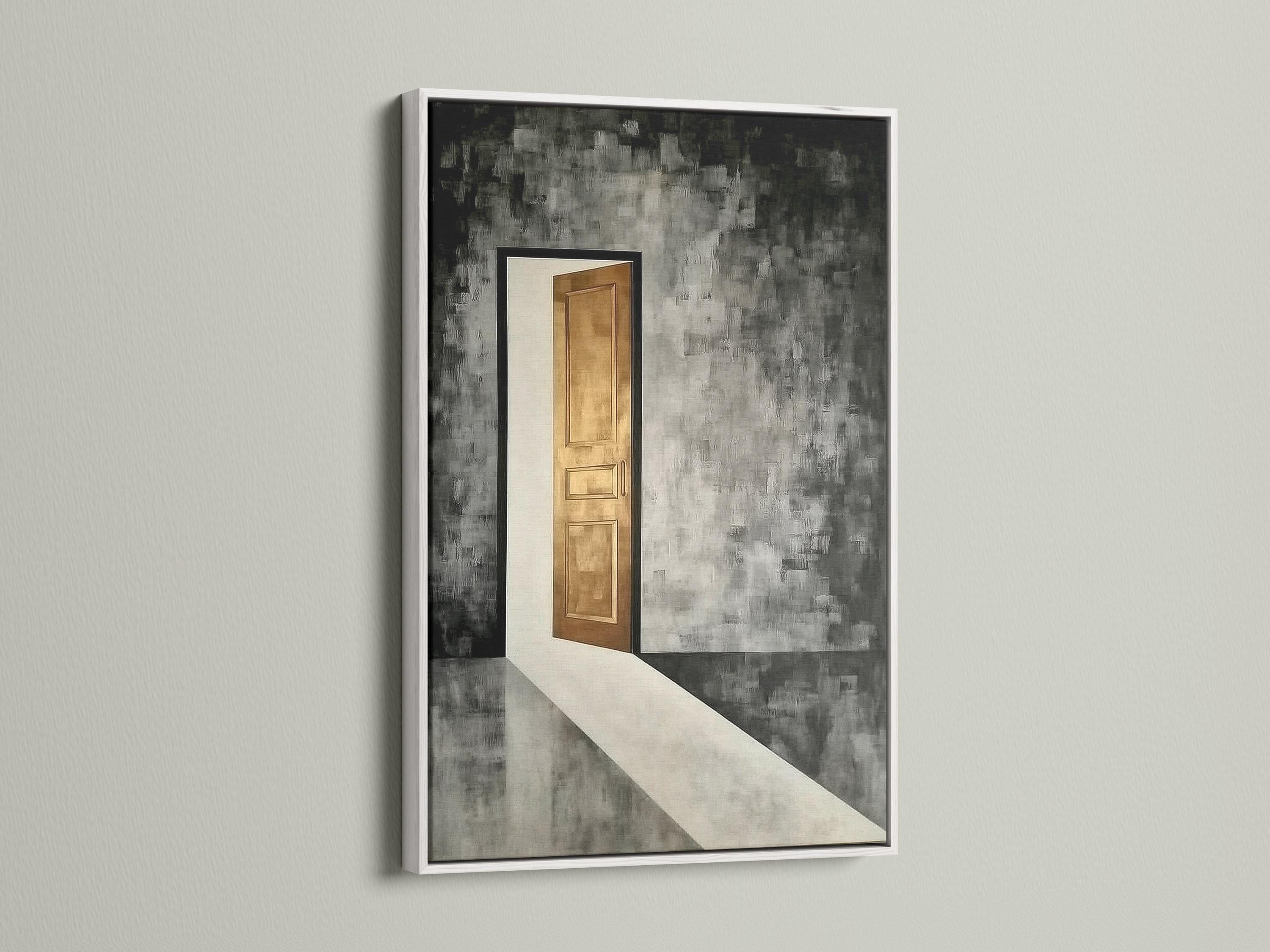 Abstract doorway with warm gold glow in a textured charcoal and grey corridor scene detail view