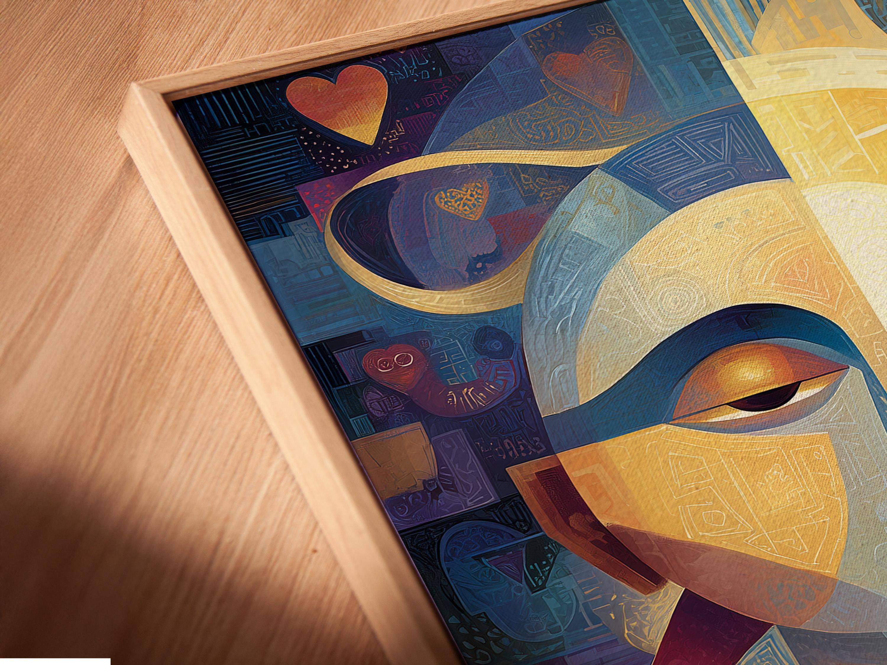 Geometric abstract face with a golden sunburst centre, blue and gold shapes, and small heart motifs detail view