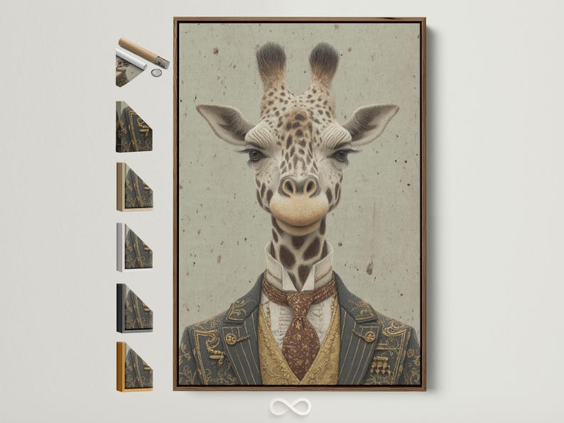 Vintage-style giraffe portrait wearing a formal suit, with antique gold and deep maroon details