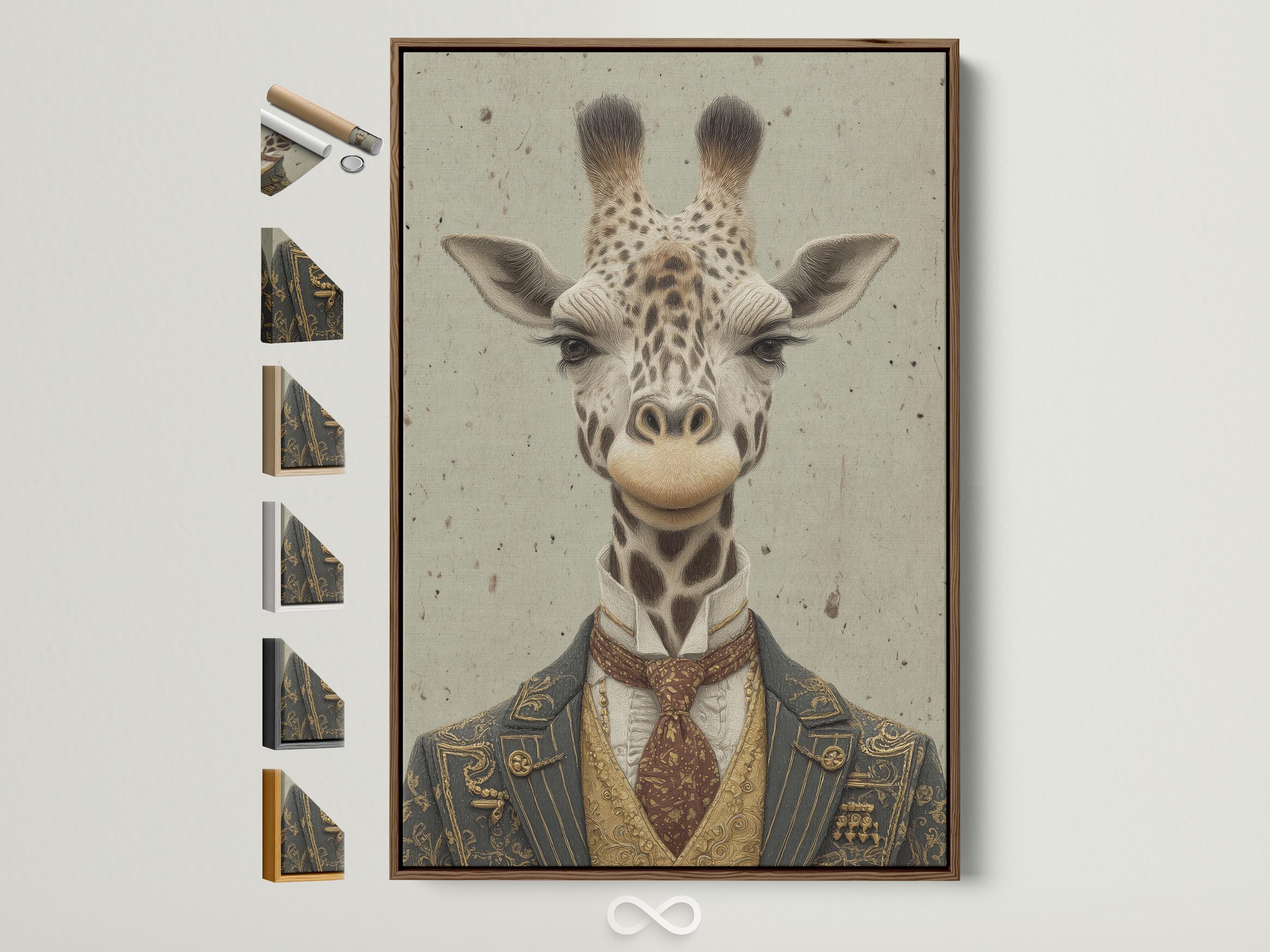 Vintage-style giraffe portrait wearing a formal suit, with antique gold and deep maroon details