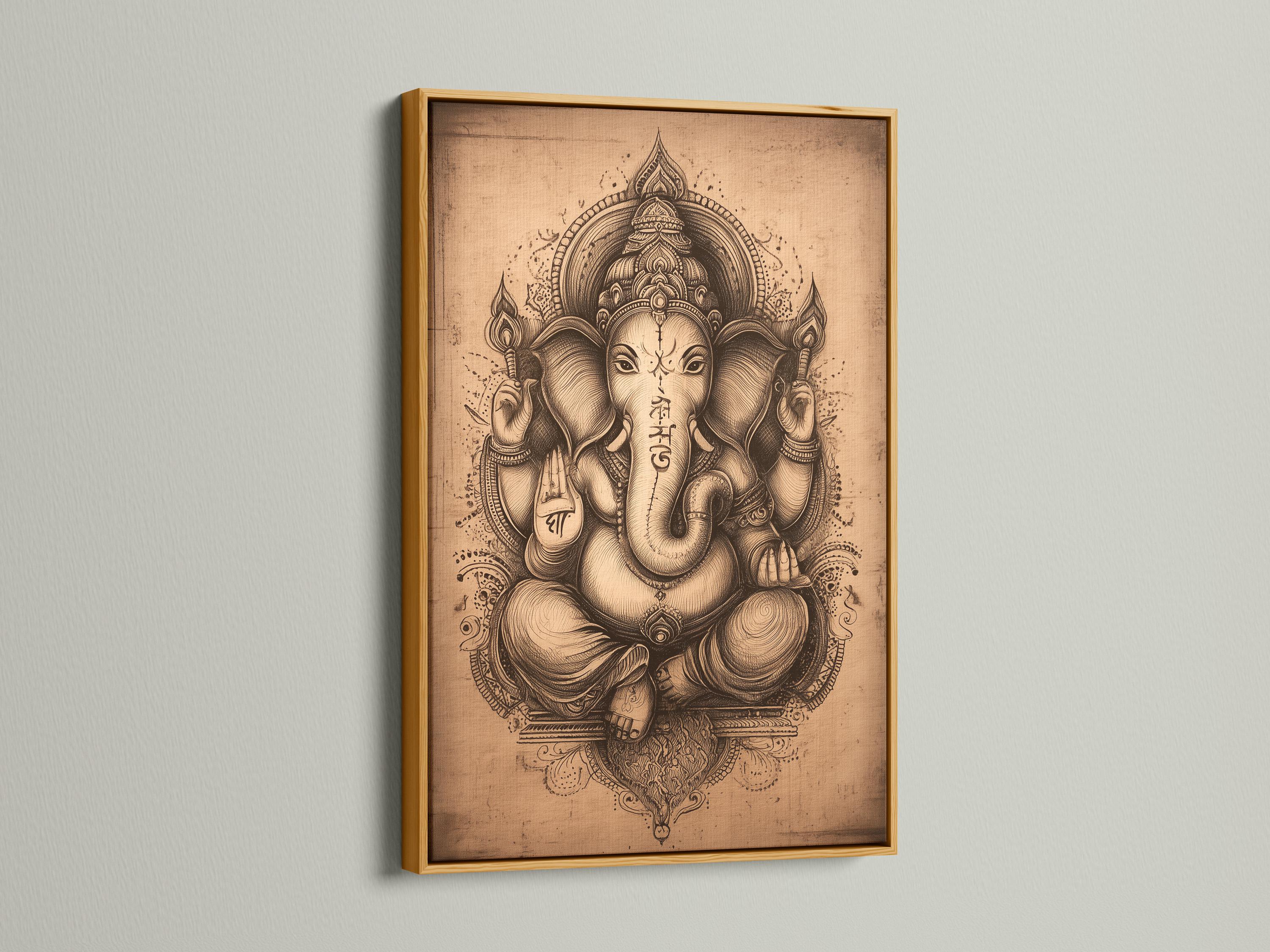 Vintage elephant-headed deity illustration with ornate halo on a beige background detail view