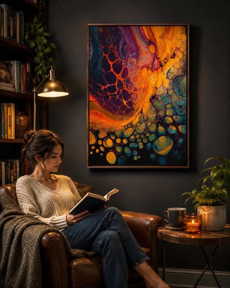 Abstract fluid artwork with gold, purple, teal and orange flowing bubble-like shapes