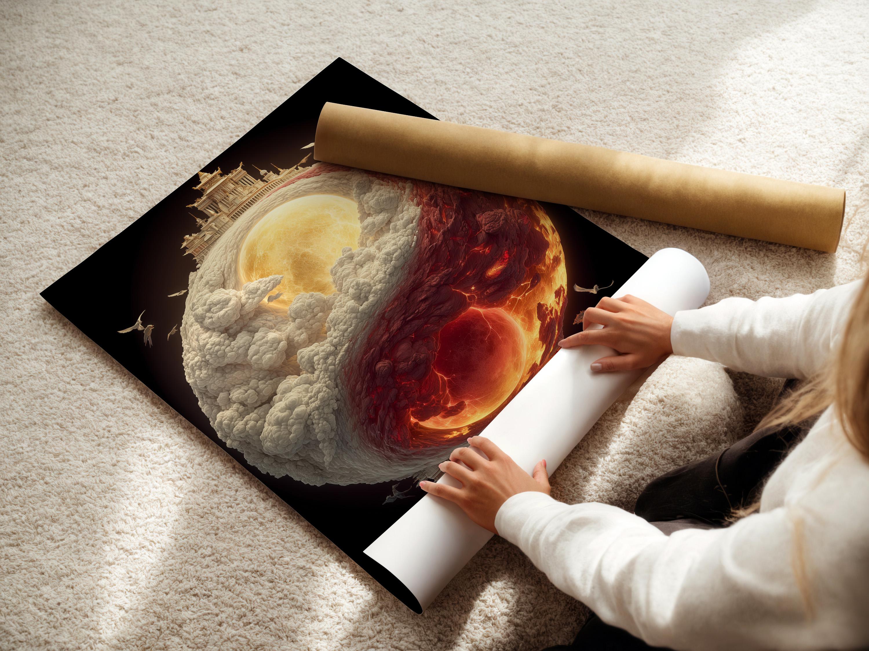 Yin–Yang inspired glowing sphere with cloud textures, fire colours, temple silhouettes and small flying birds detail view