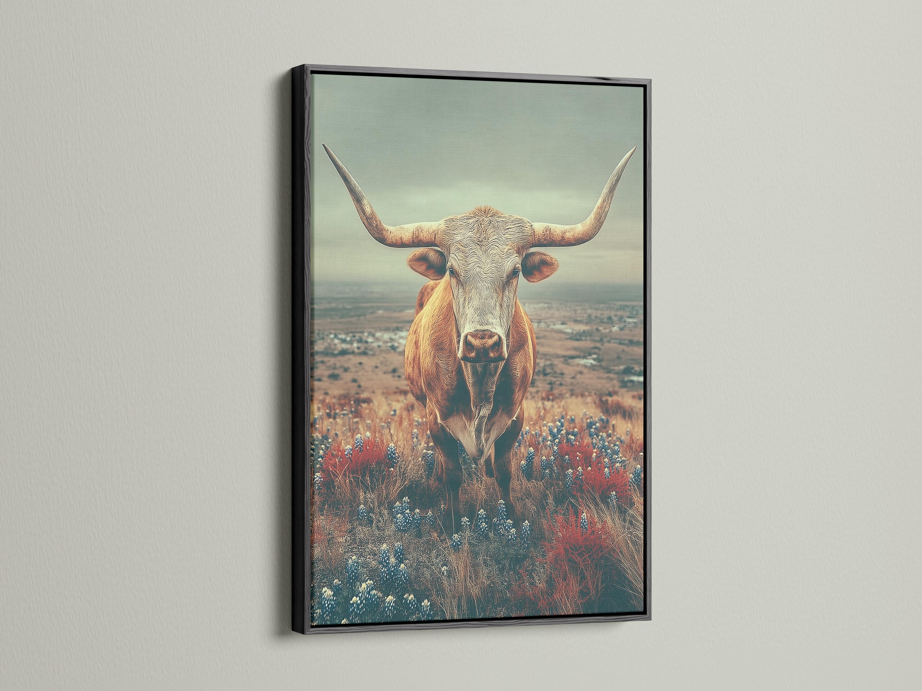 Longhorn cow standing in a countryside landscape with red and blue flowers under a muted green sky detail view