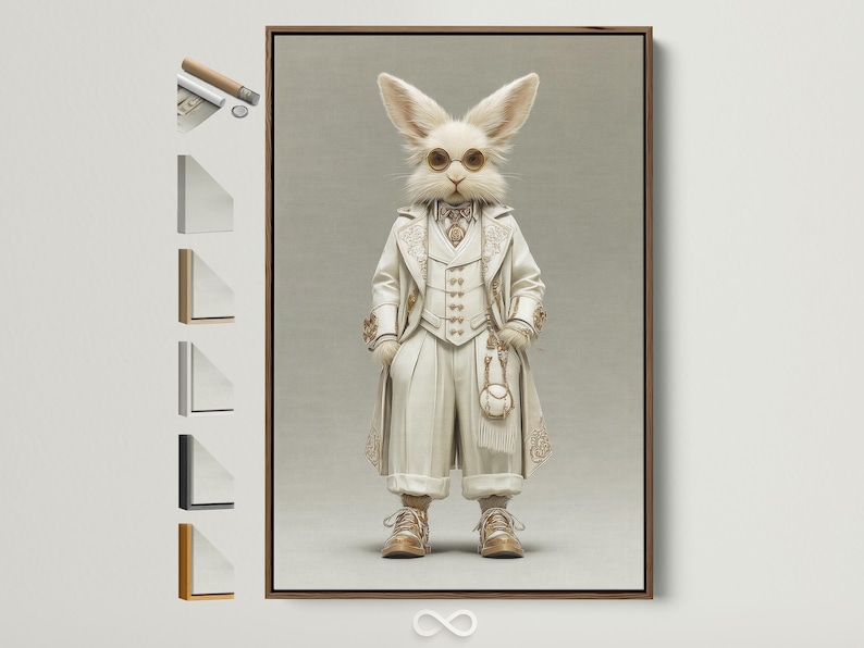 A white rabbit wearing round gold spectacles and a Victorian-style outfit on a light grey background