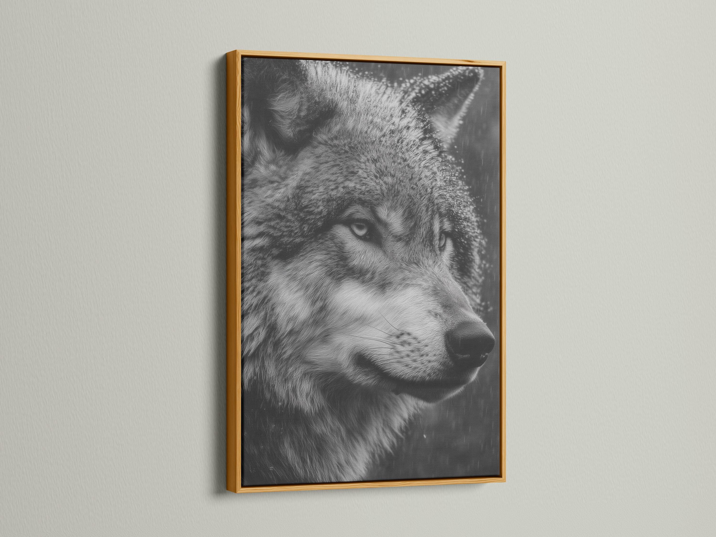 Monochrome wolf portrait artwork with detailed grayscale fur and a dark smoky background detail view