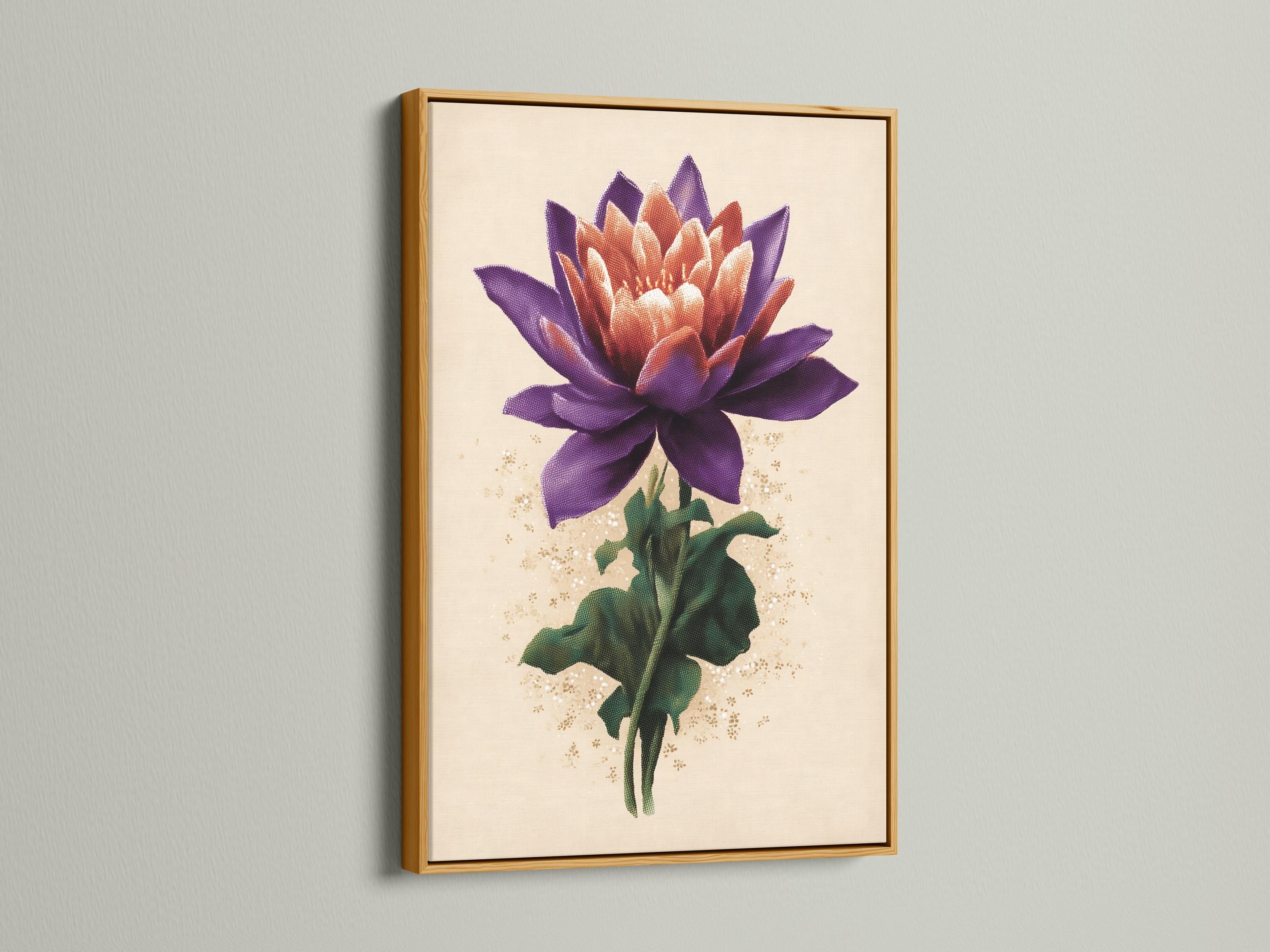 Lotus flower botanical artwork with purple petals, green leaves and gold speckles on a cream background detail view