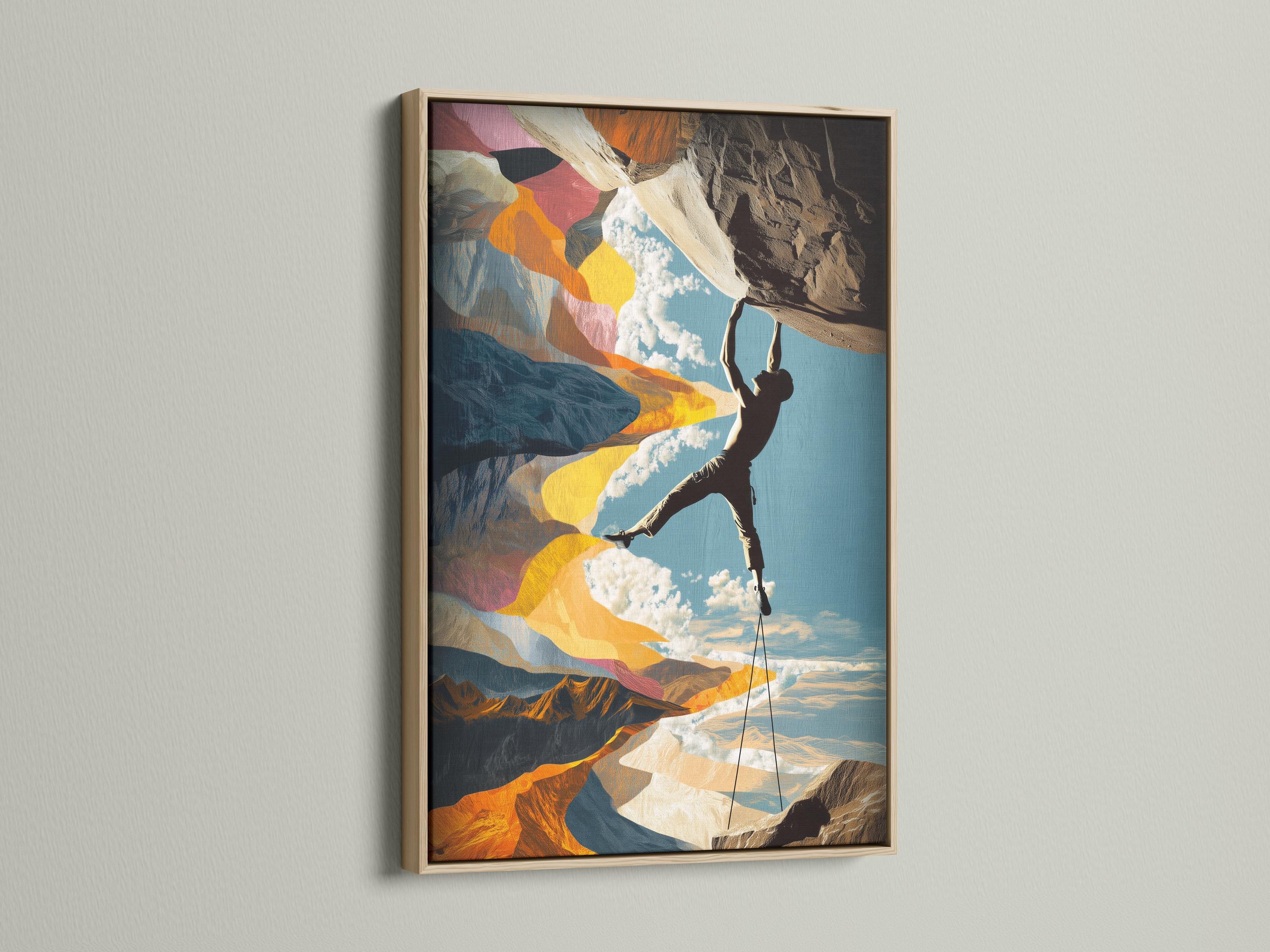 Man sitting near a bench and climbing gear beside a framed climbing artwork on a concrete wall