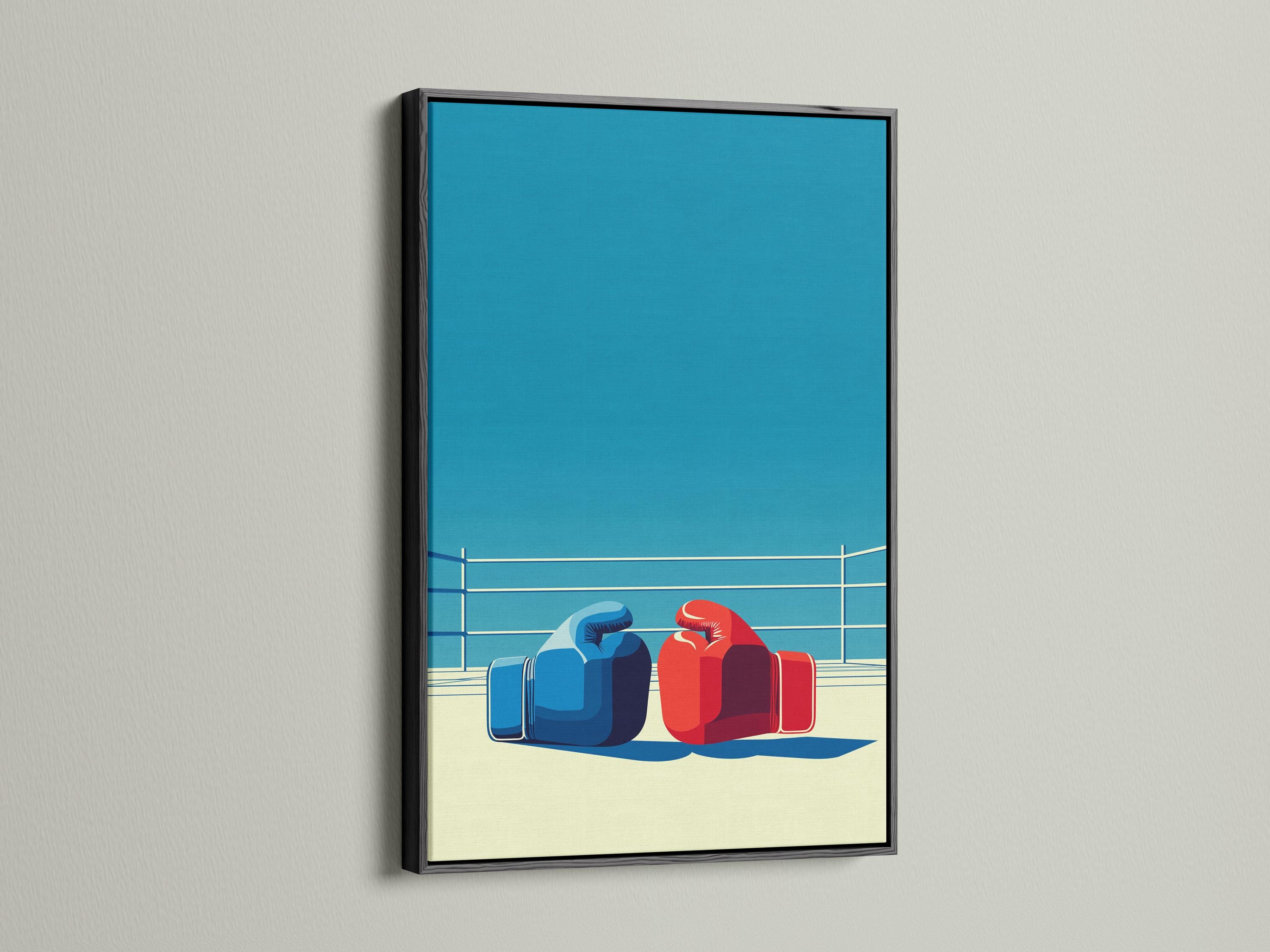 Wall mockup showing a framed boxing ring artwork with blue and red gloves and white ropes