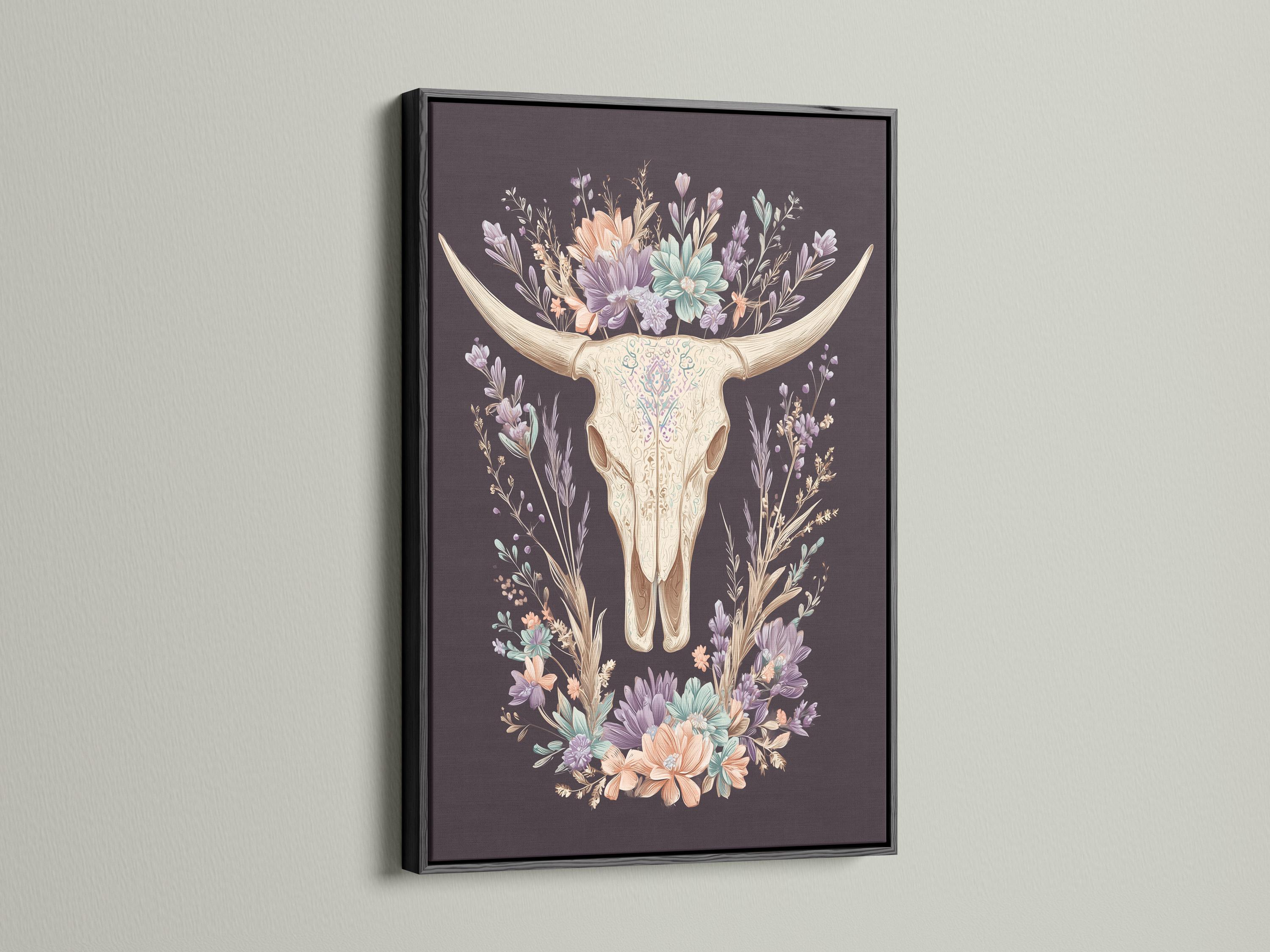 Bull skull illustration surrounded by a wreath of pastel wildflowers on a dark mauve background detail view