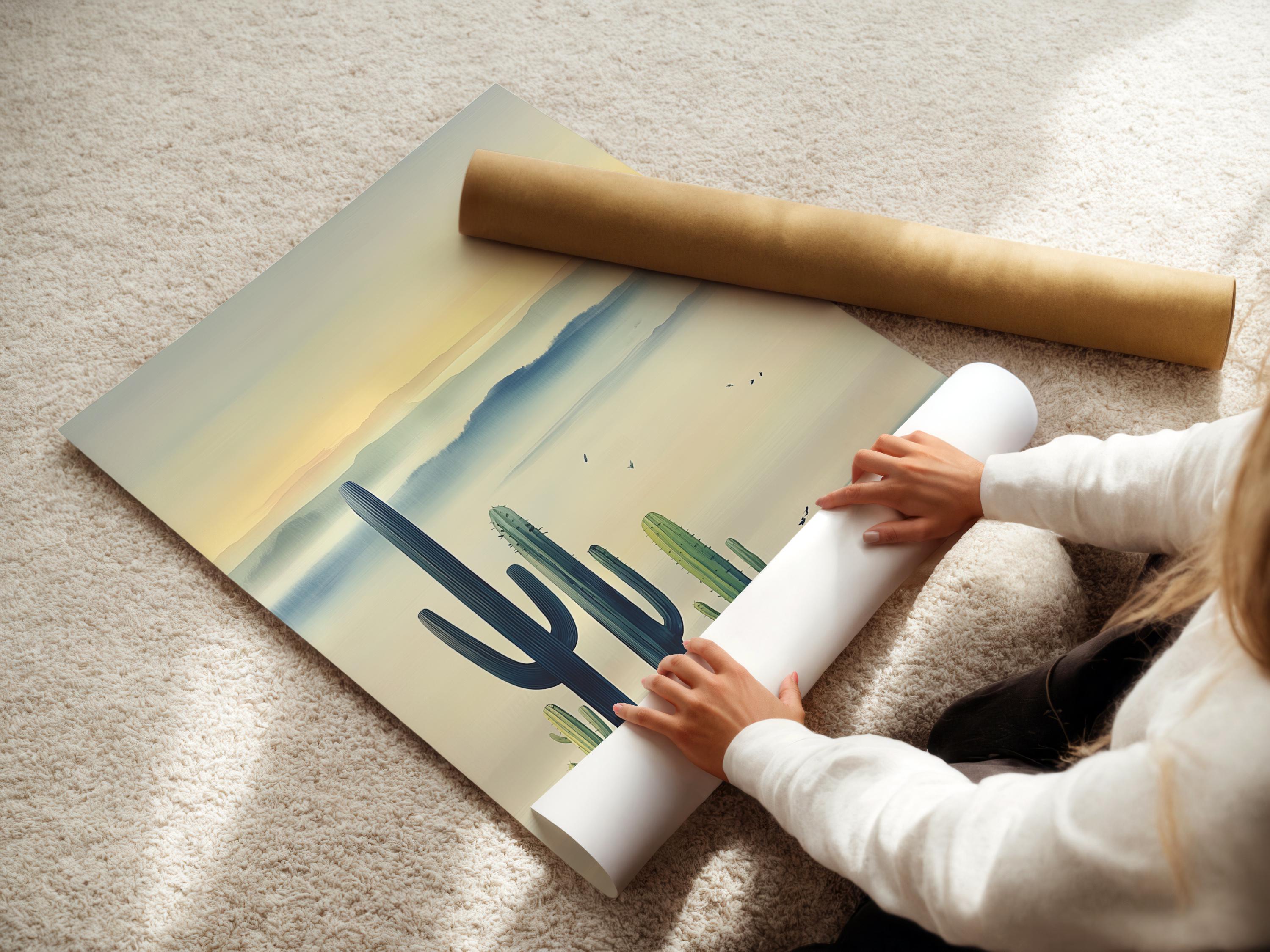 Illustrated desert landscape with tall cactus silhouettes, hazy blue distance layers and small birds detail view