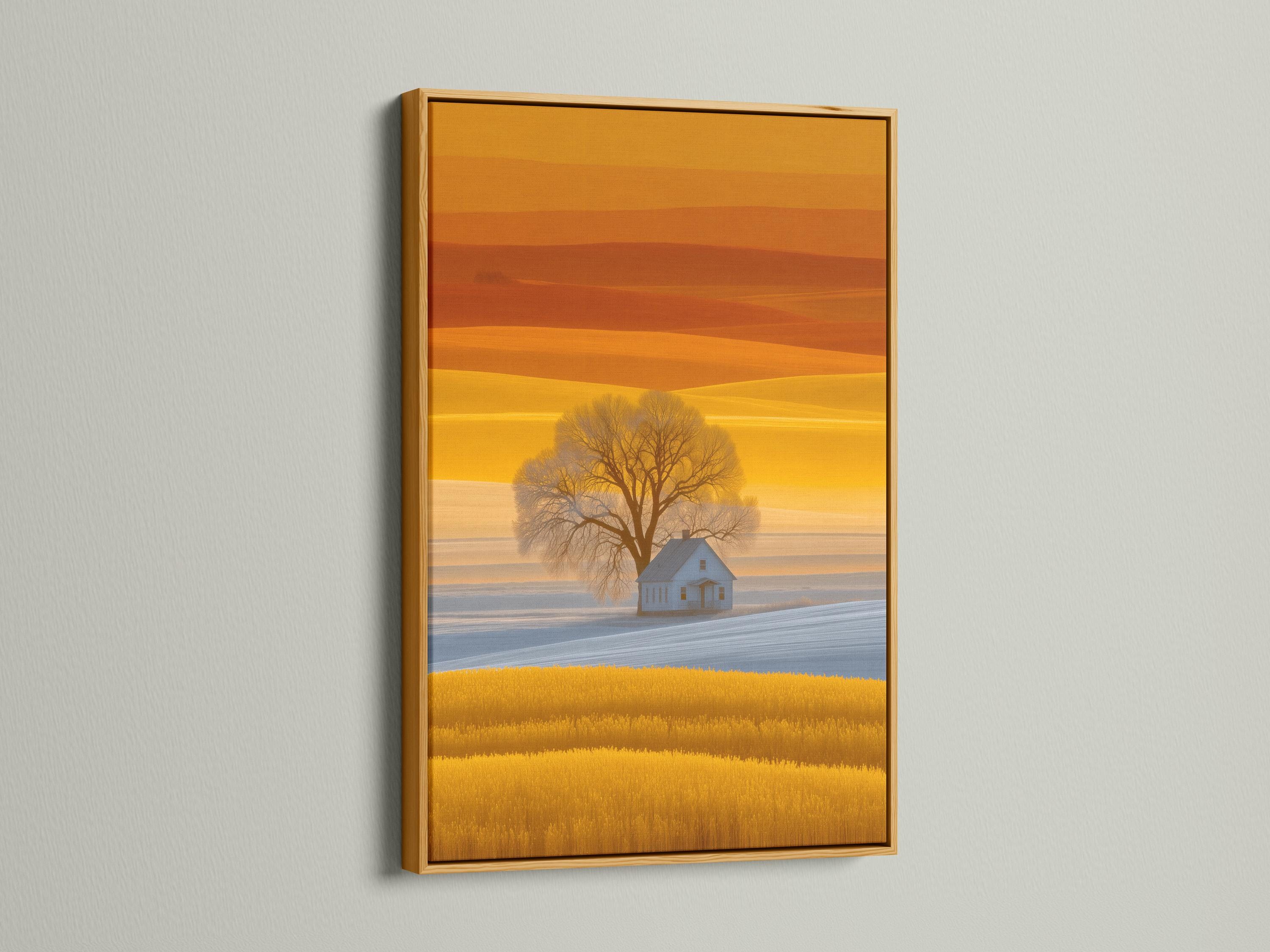 Golden sunset countryside landscape with a leafless tree and a small farmhouse detail view