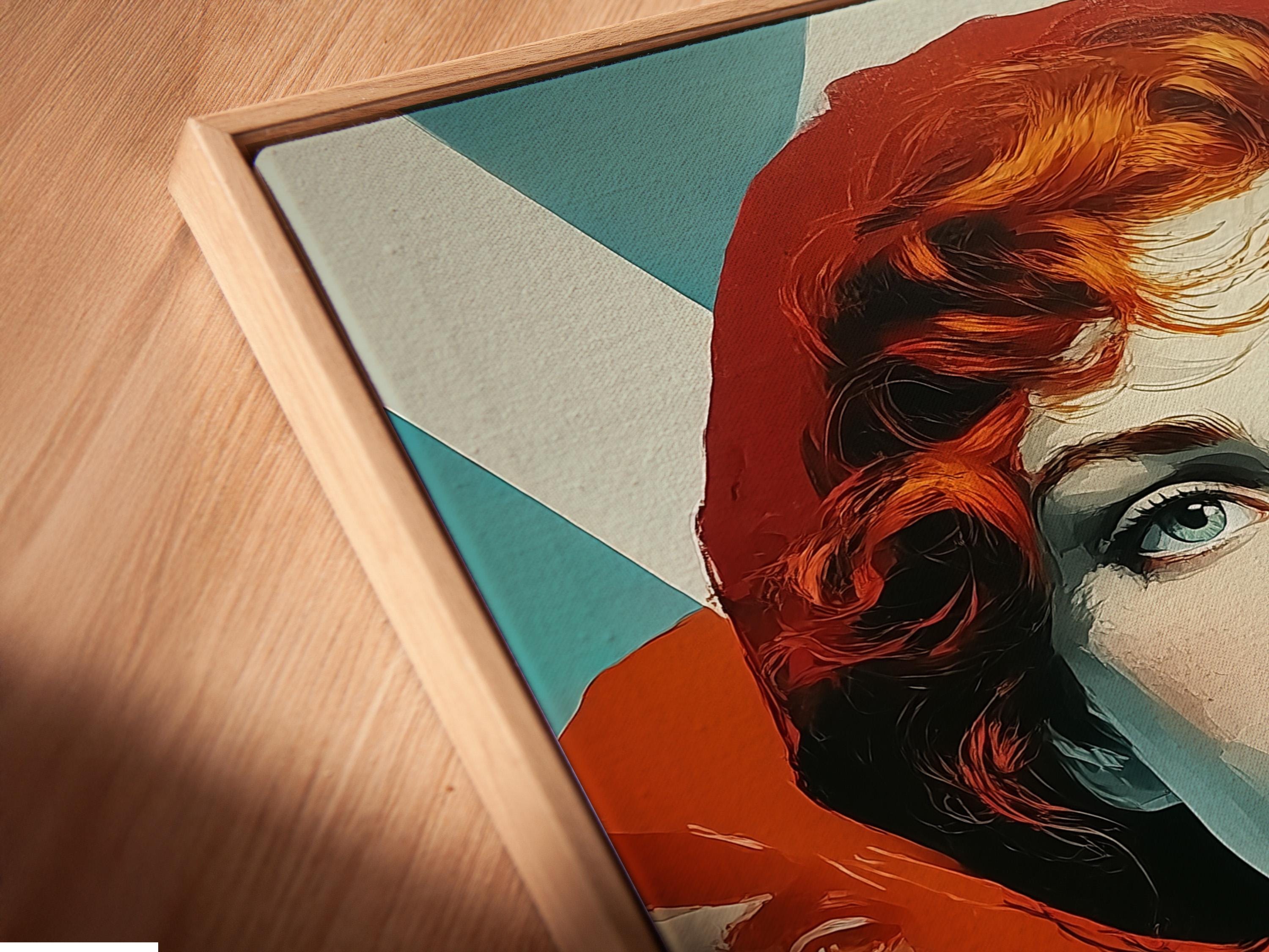 Retro pop-art portrait of a red-haired woman with teal and orange colour blocks detail view