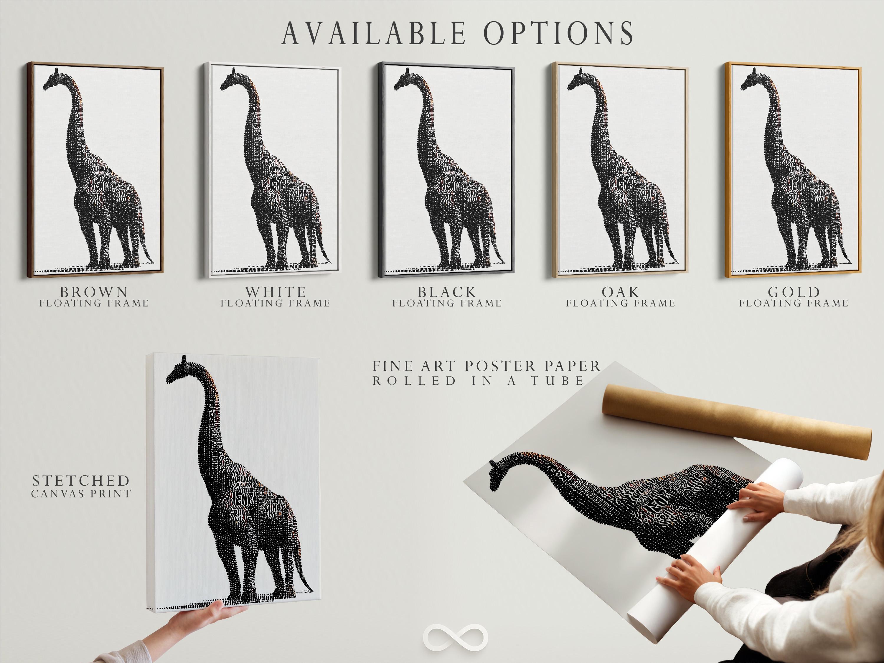 Brontosaurus silhouette made of dense black dots with small terracotta accents on a light background detail view