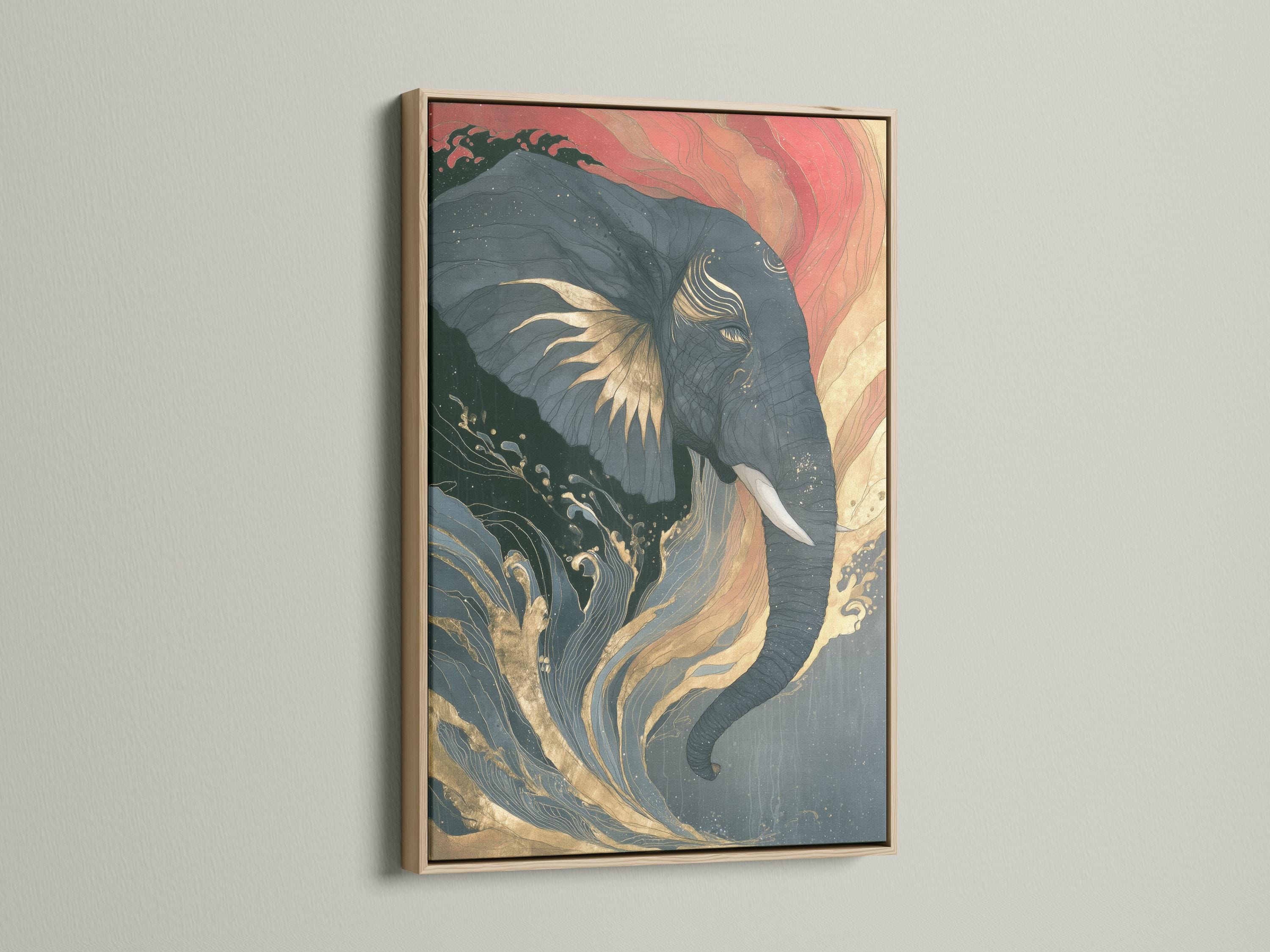 Abstract elephant portrait with swirling wave patterns in muted teal, coral pink and warm gold lines detail view
