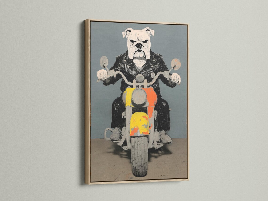 Stylised bulldog riding a motorcycle with orange and yellow accents against a blue-grey background detail view