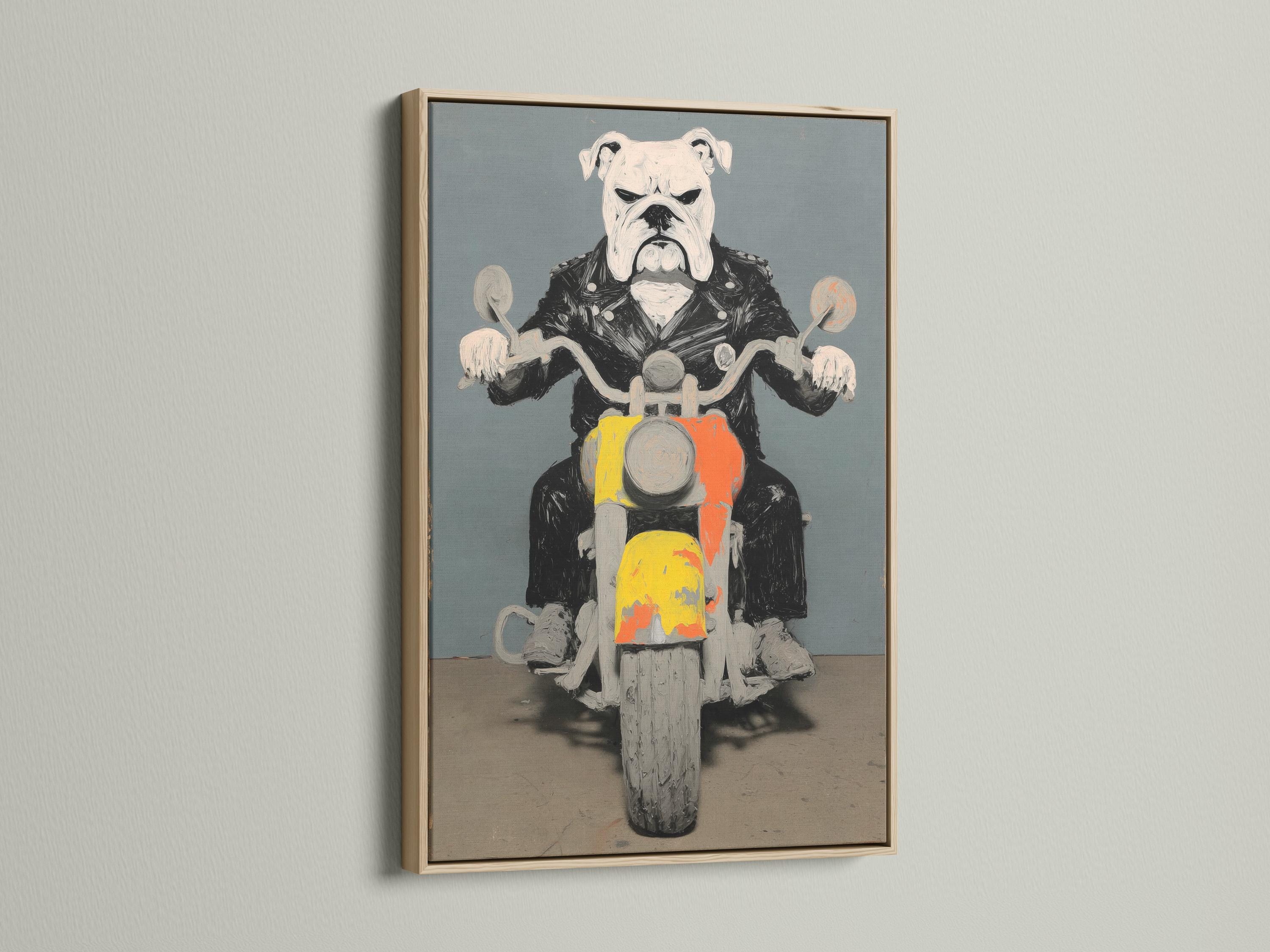 Stylised bulldog riding a motorcycle with orange and yellow accents against a blue-grey background detail view