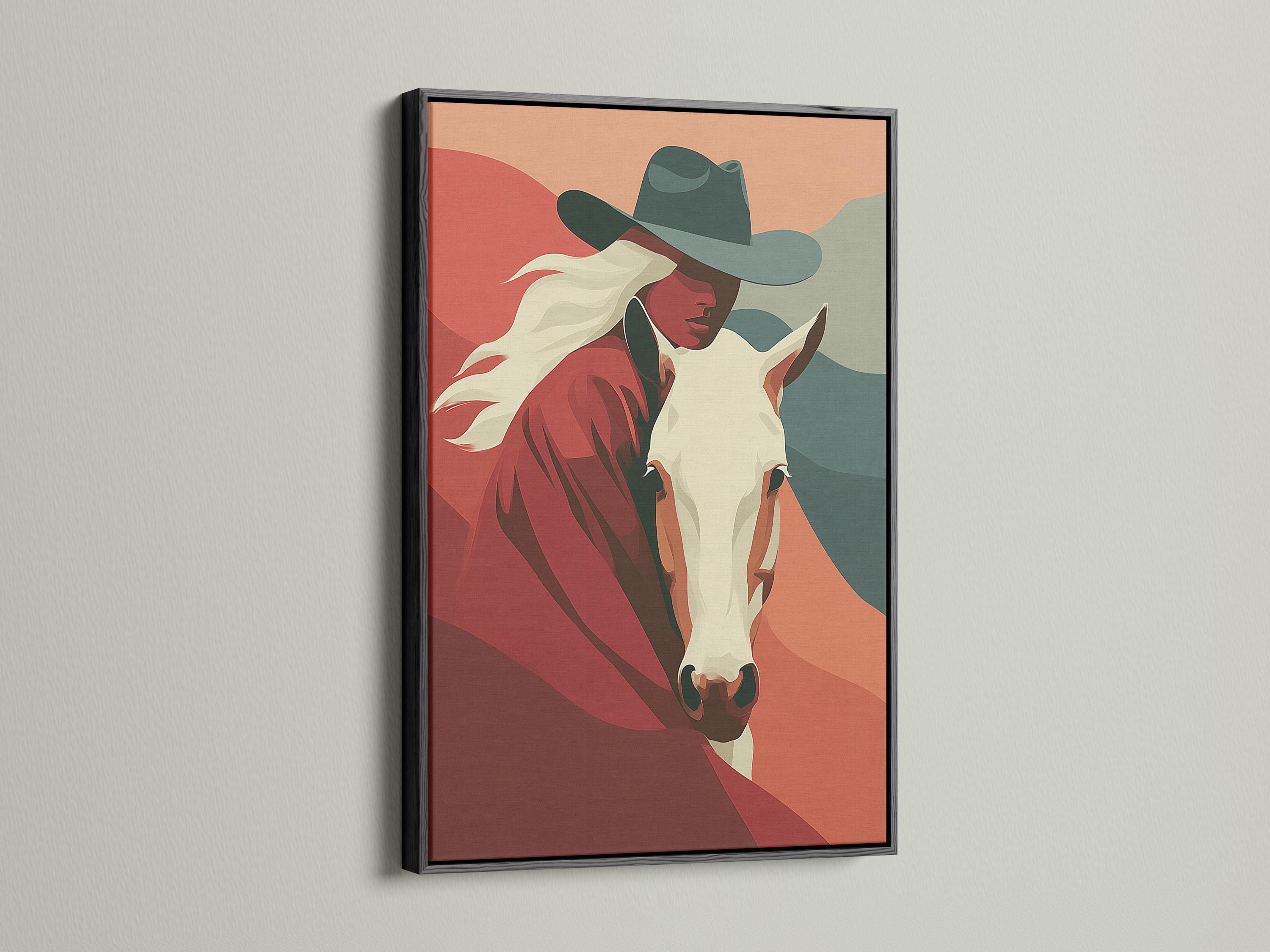 Stylised cowgirl and horse portrait with terracotta and red tones and muted teal accents detail view