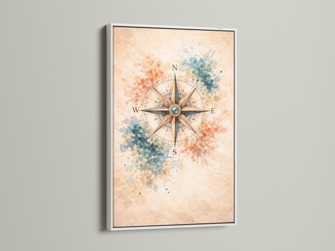 Compass rose with teal centre, directional tips and vintage map linework over cream background detail view