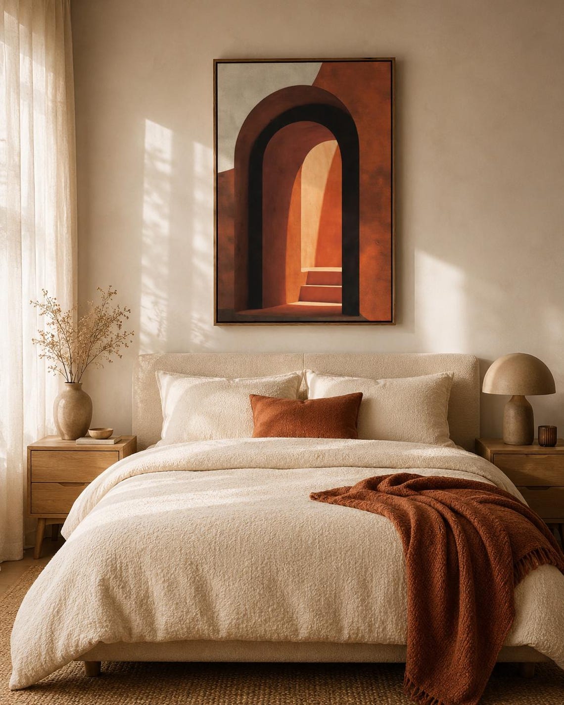 Woman holding a mug standing beside an abstract arch wall artwork in warm terracotta tones