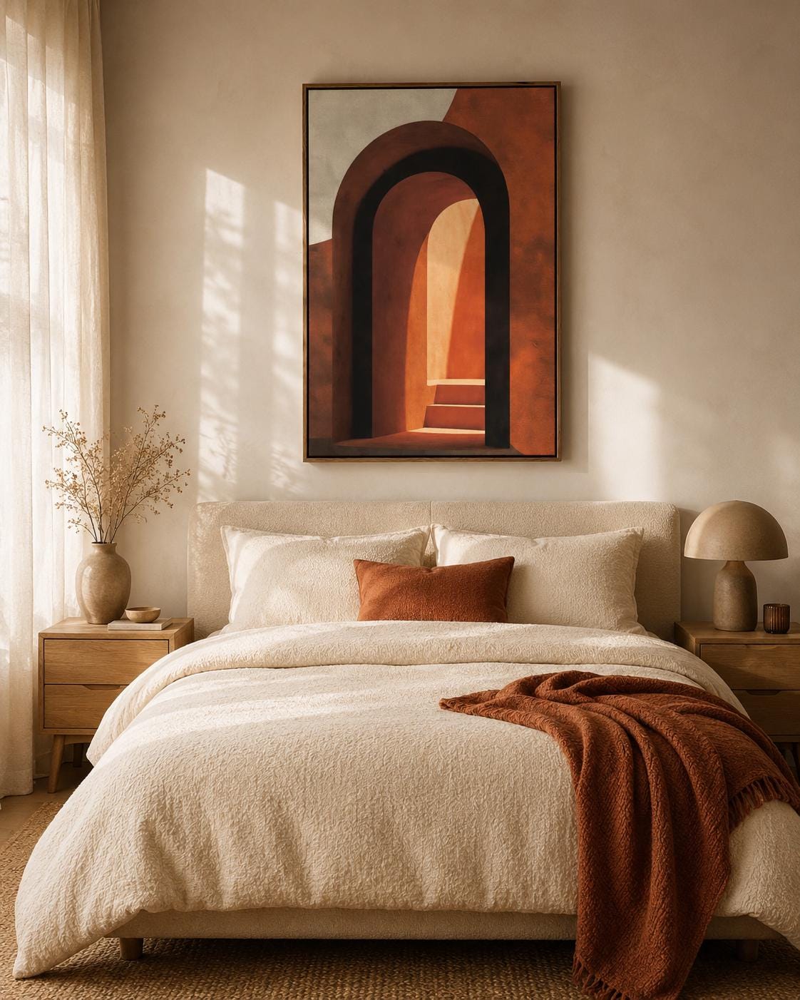 Woman holding a mug standing beside an abstract arch wall artwork in warm terracotta tones