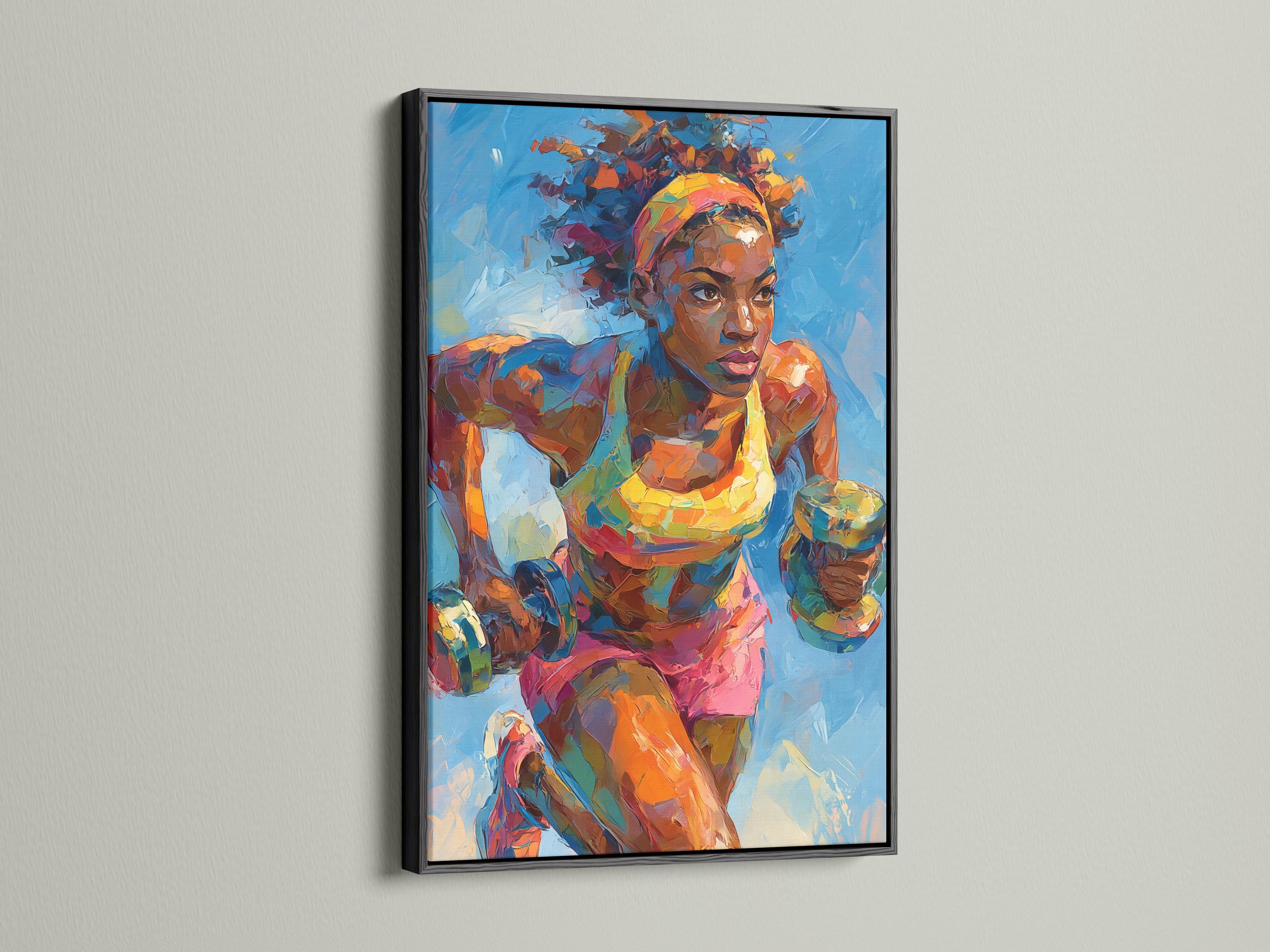 Stylised athlete in a boxing-style pose with vivid orange, pink and teal colours on a blue background detail view