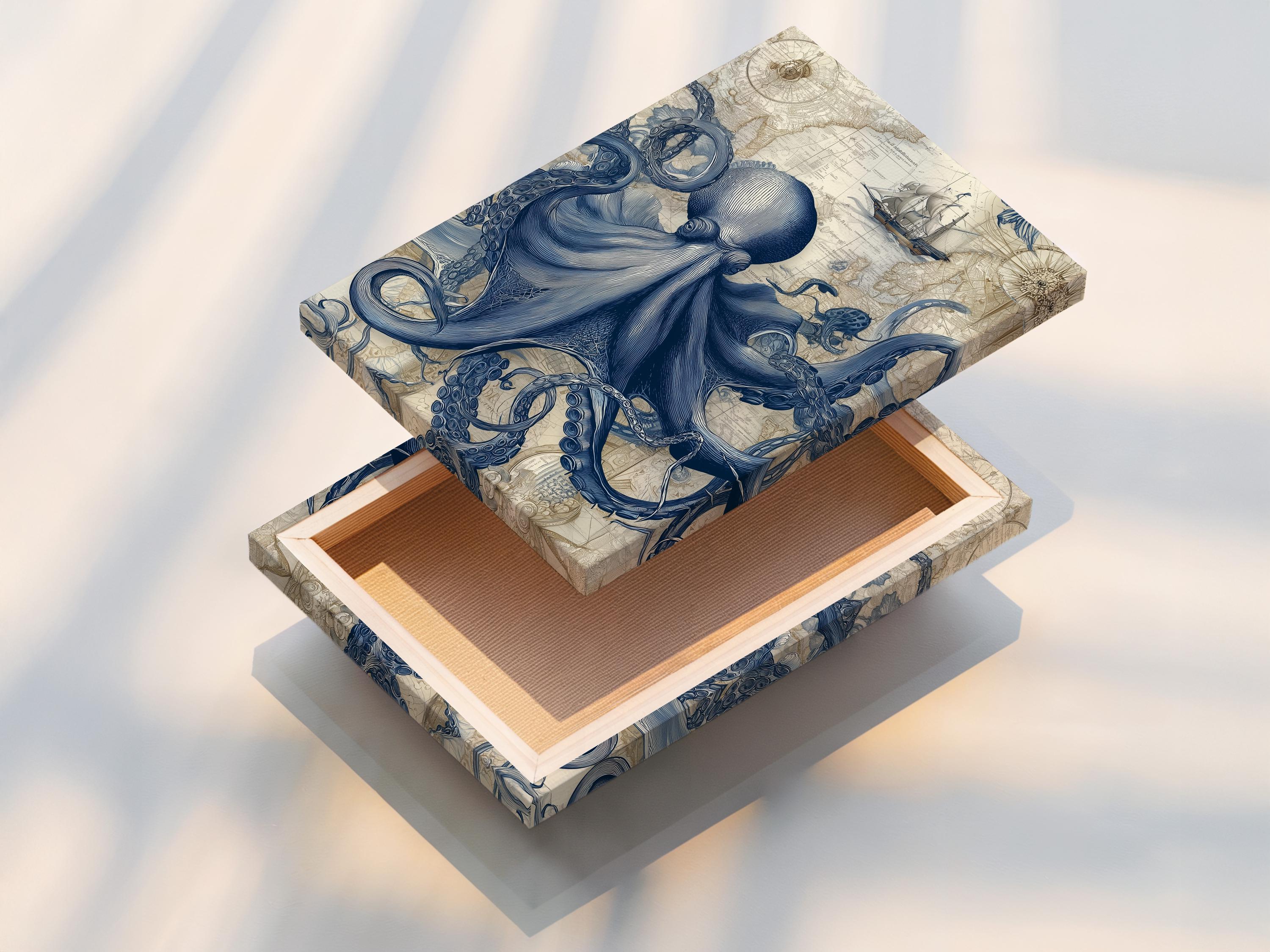 Blue octopus illustration over a vintage map background with a small sailboat detail view