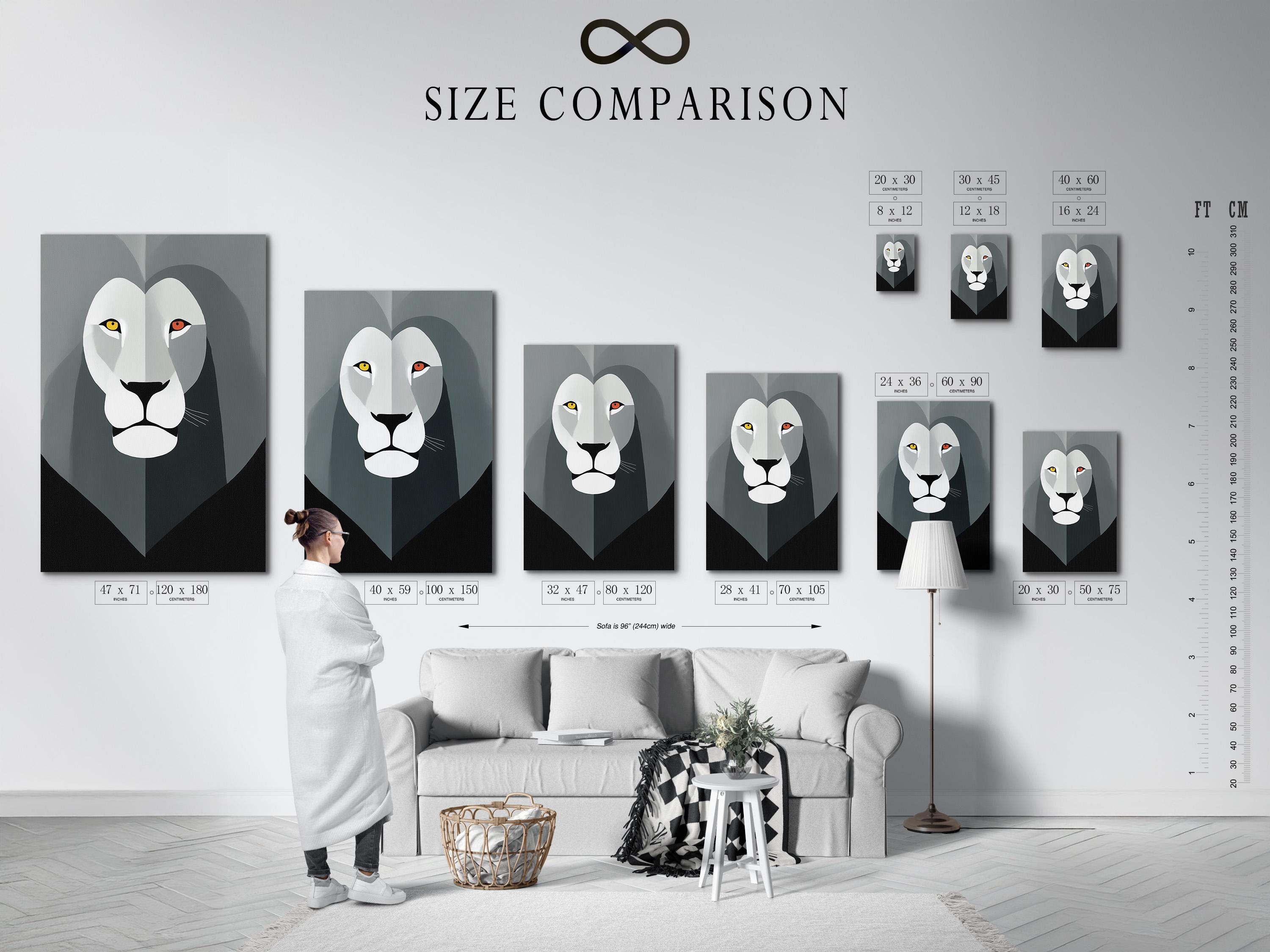 Geometric lion face artwork in grey and white with yellow and red eye accents detail view