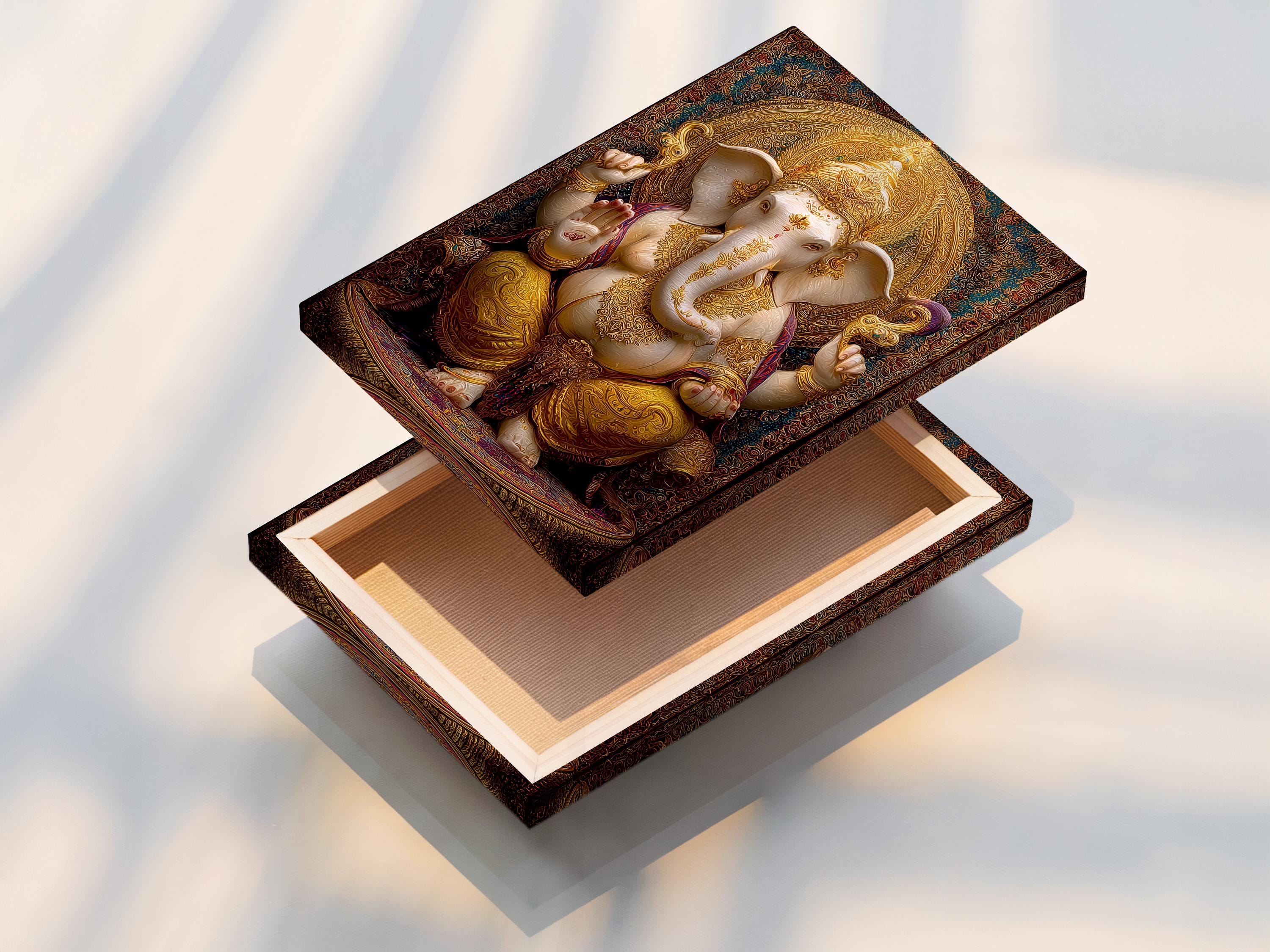 Room mockup showing a framed golden elephant-headed deity artwork with ornate halo design