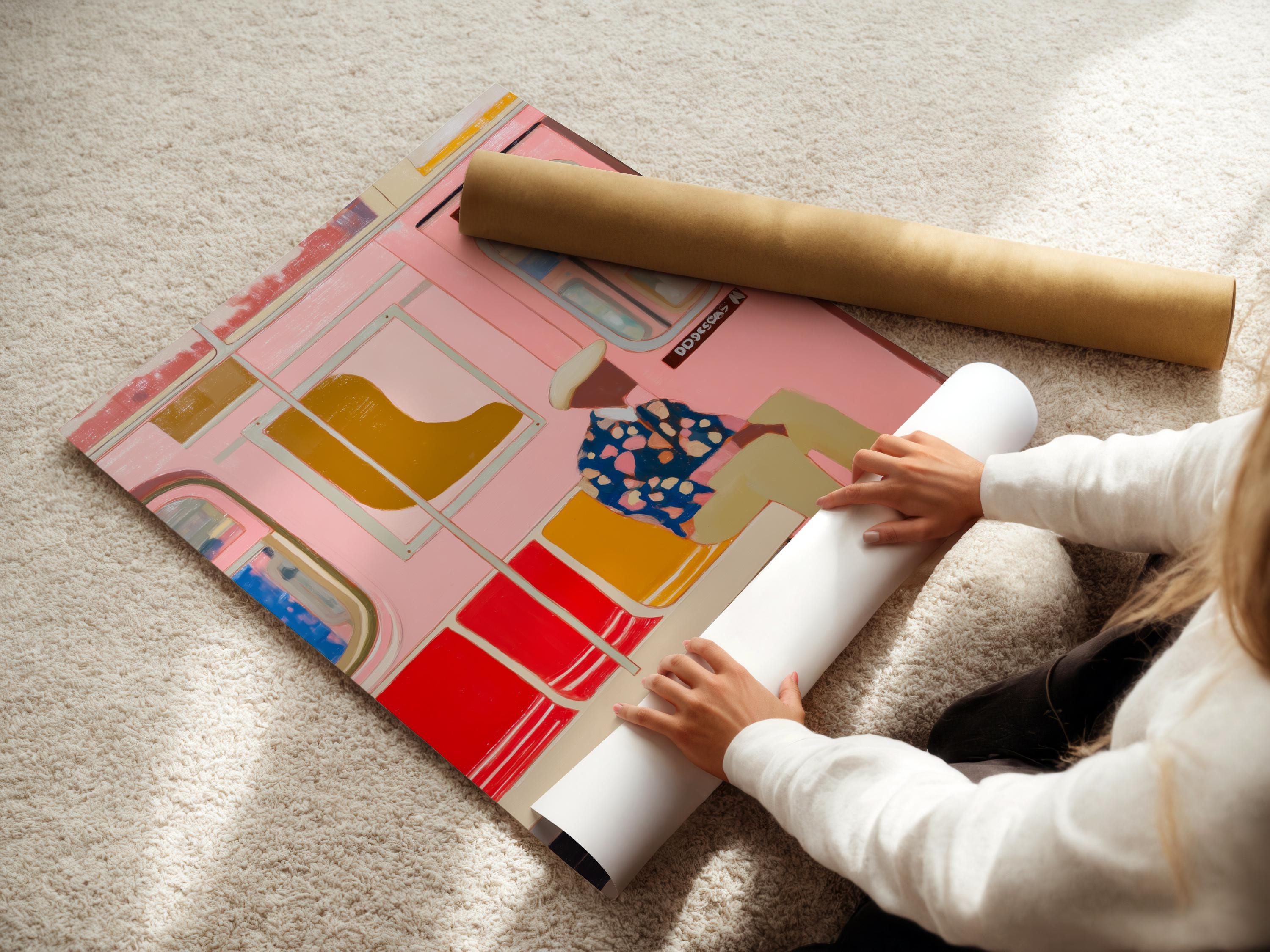 Room mockup showing framed urban subway artwork and colour swatch thumbnails