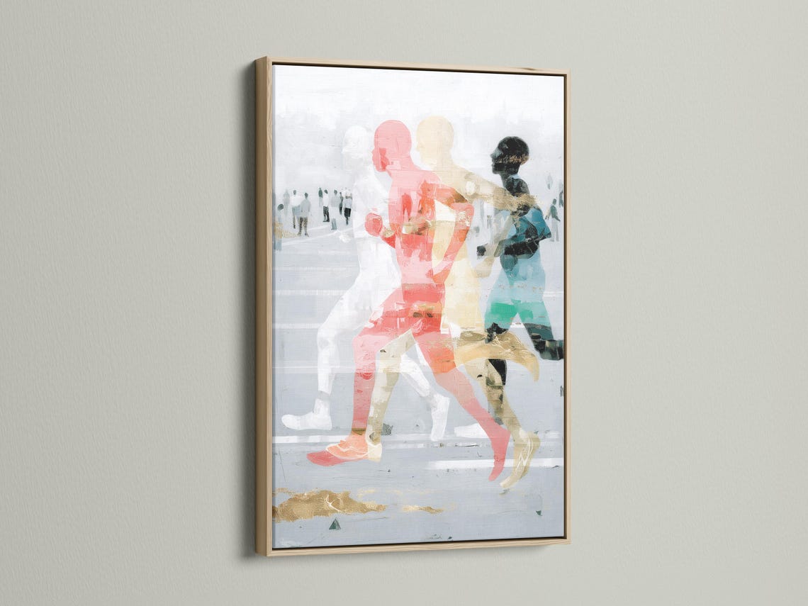 Room mockup featuring a framed abstract runners artwork with coral and teal figures