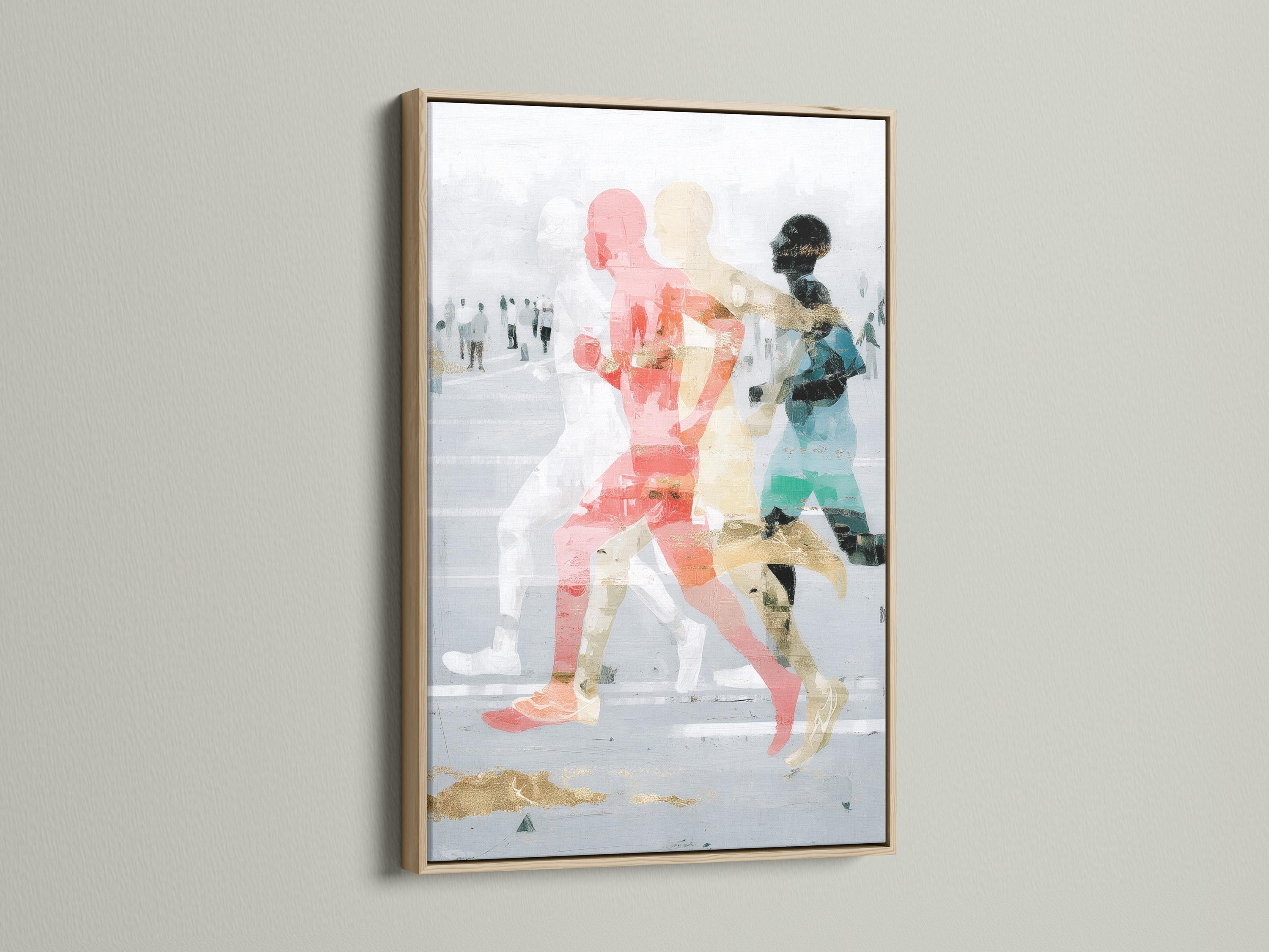 Room mockup featuring a framed abstract runners artwork with coral and teal figures