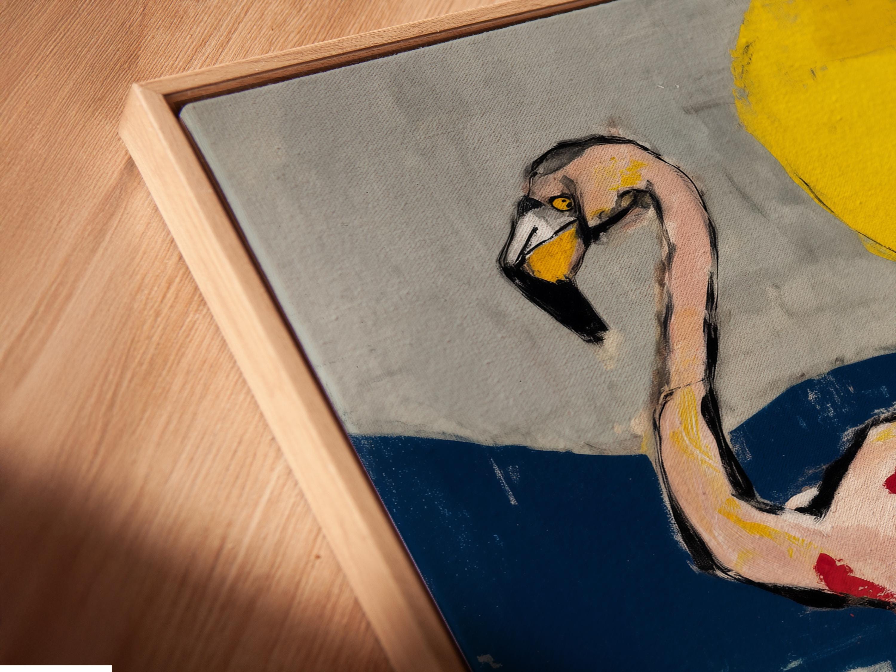 Room mockup showing a framed flamingo artwork with a yellow sun and navy blue horizon