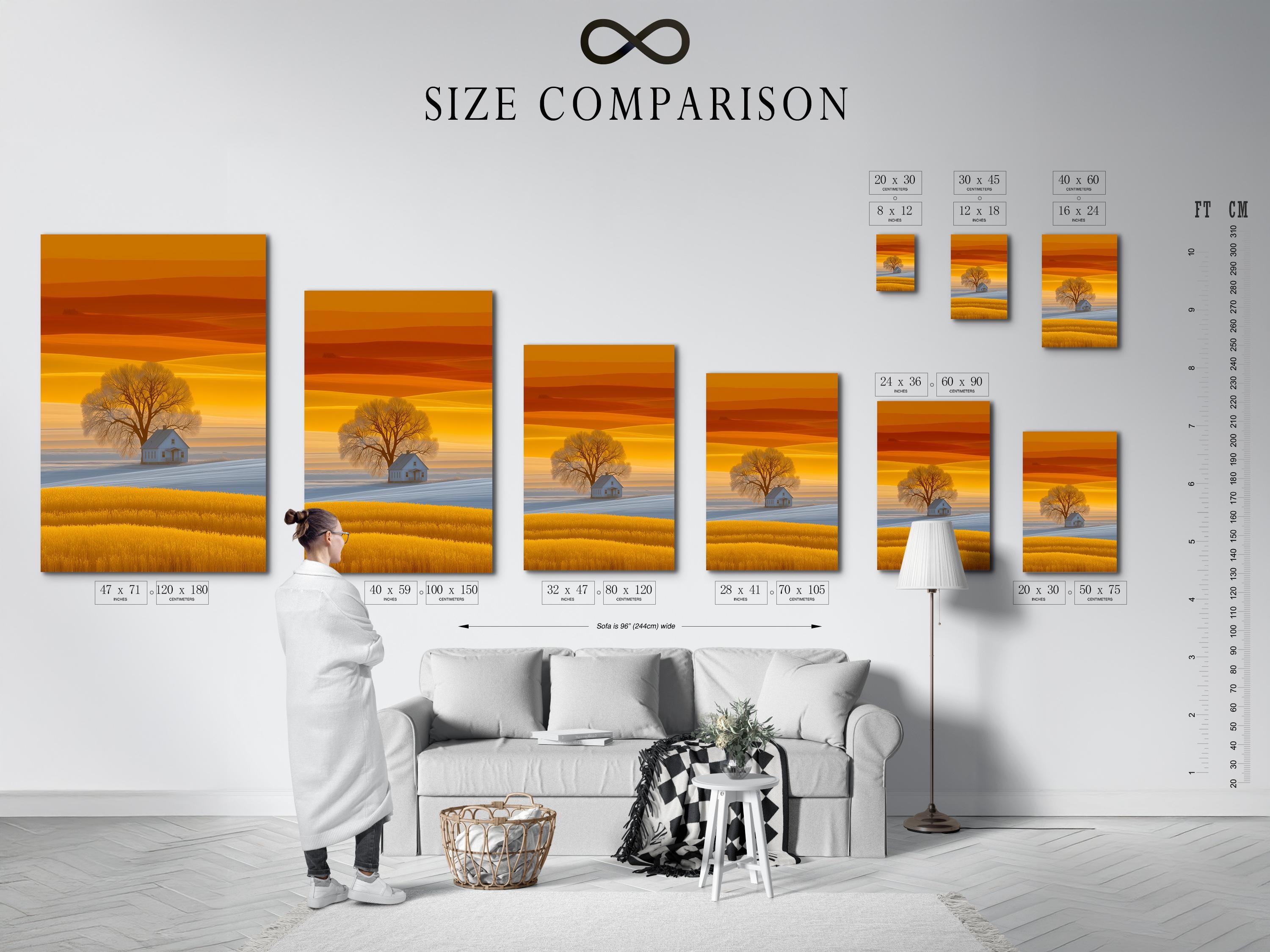 Golden sunset countryside landscape with a leafless tree and a small farmhouse detail view
