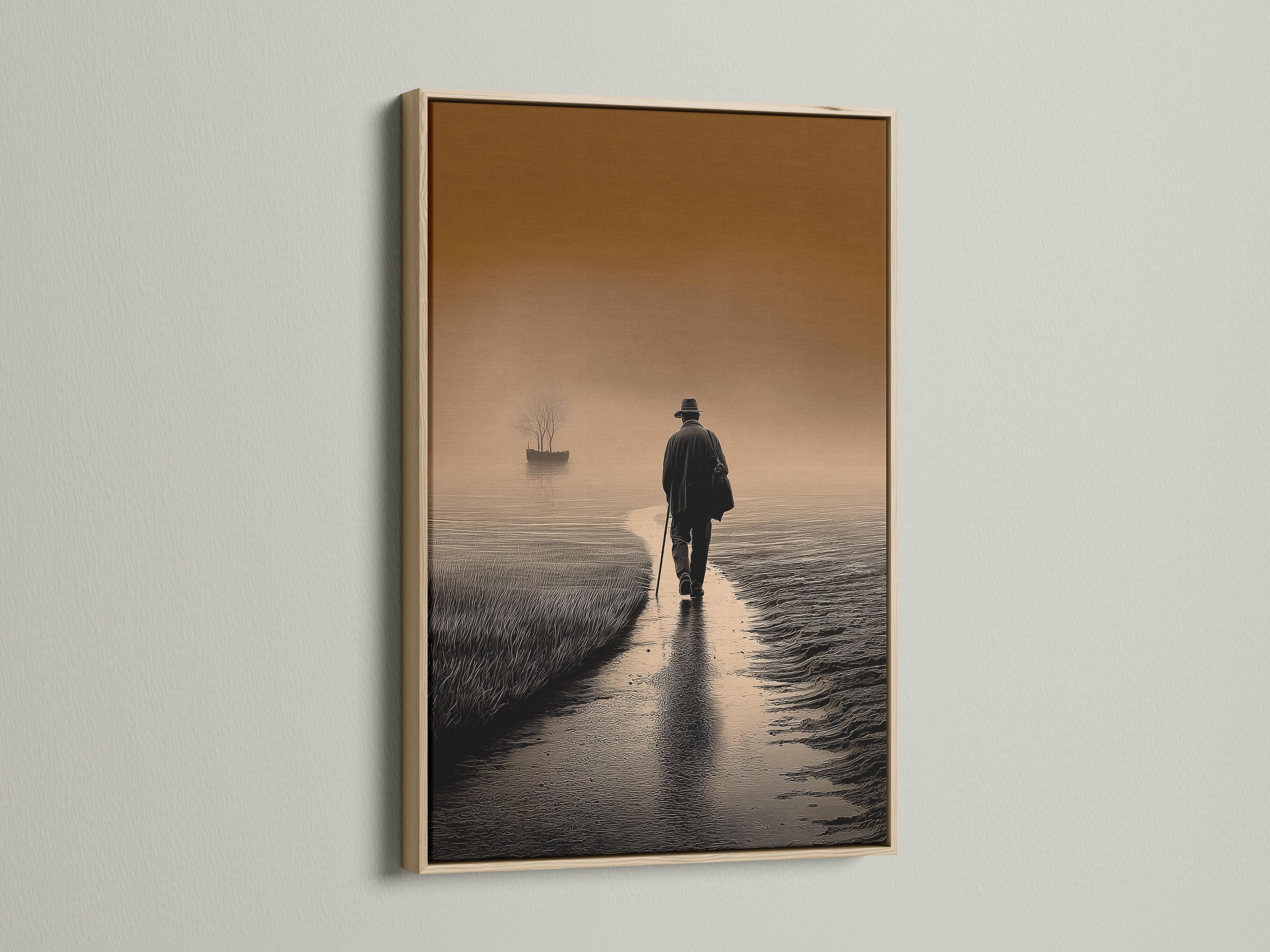 Warm brown and beige seascape with a lone walker on a rippled shoreline and a leafless tree on the horizon detail view