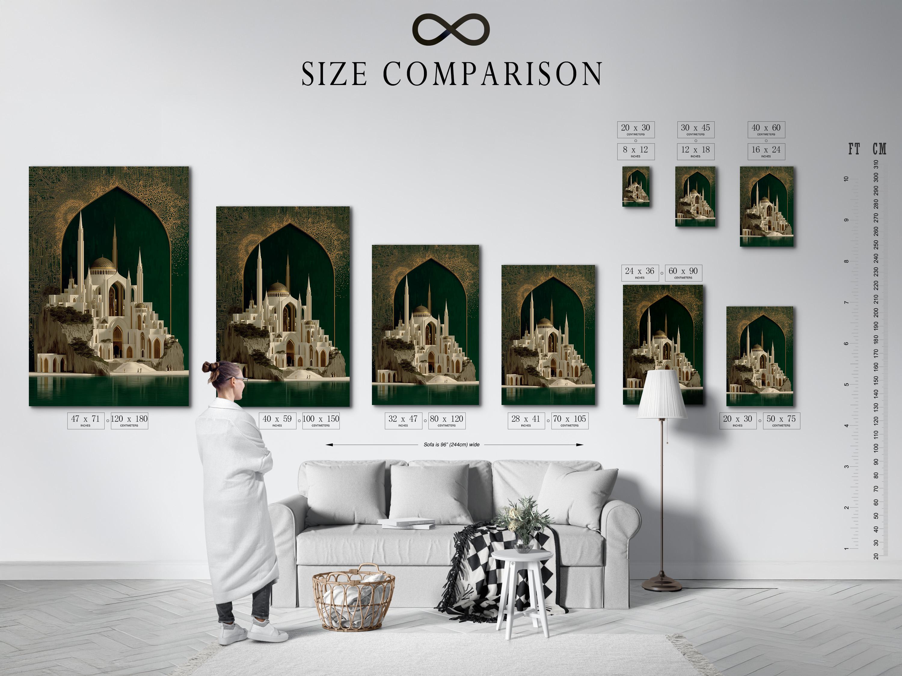 Framed mosque architecture artwork with emerald green background and gold ornate arch design detail view