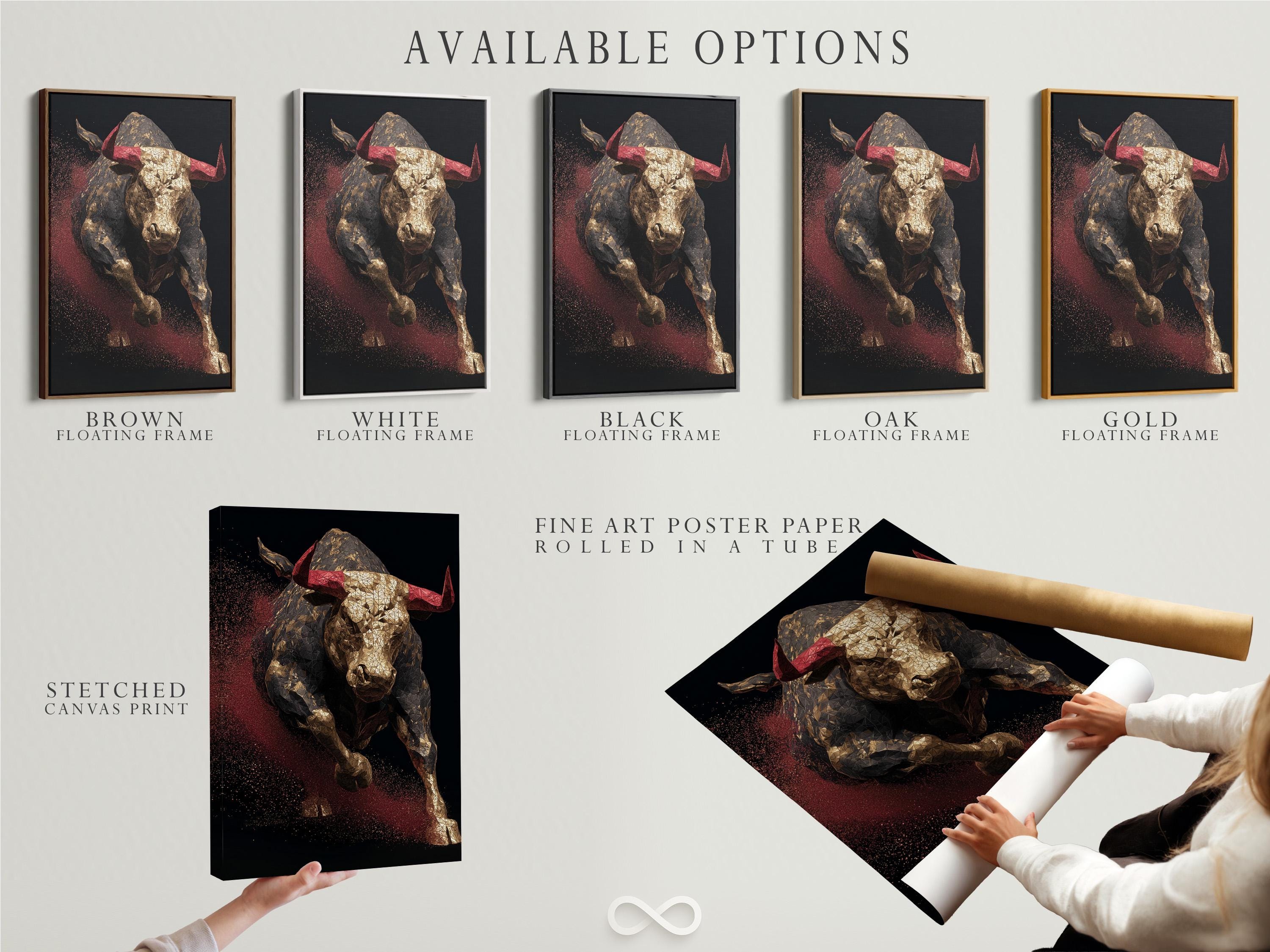 Geometric bull artwork with metallic gold facets and deep red speckles on a dark background detail view