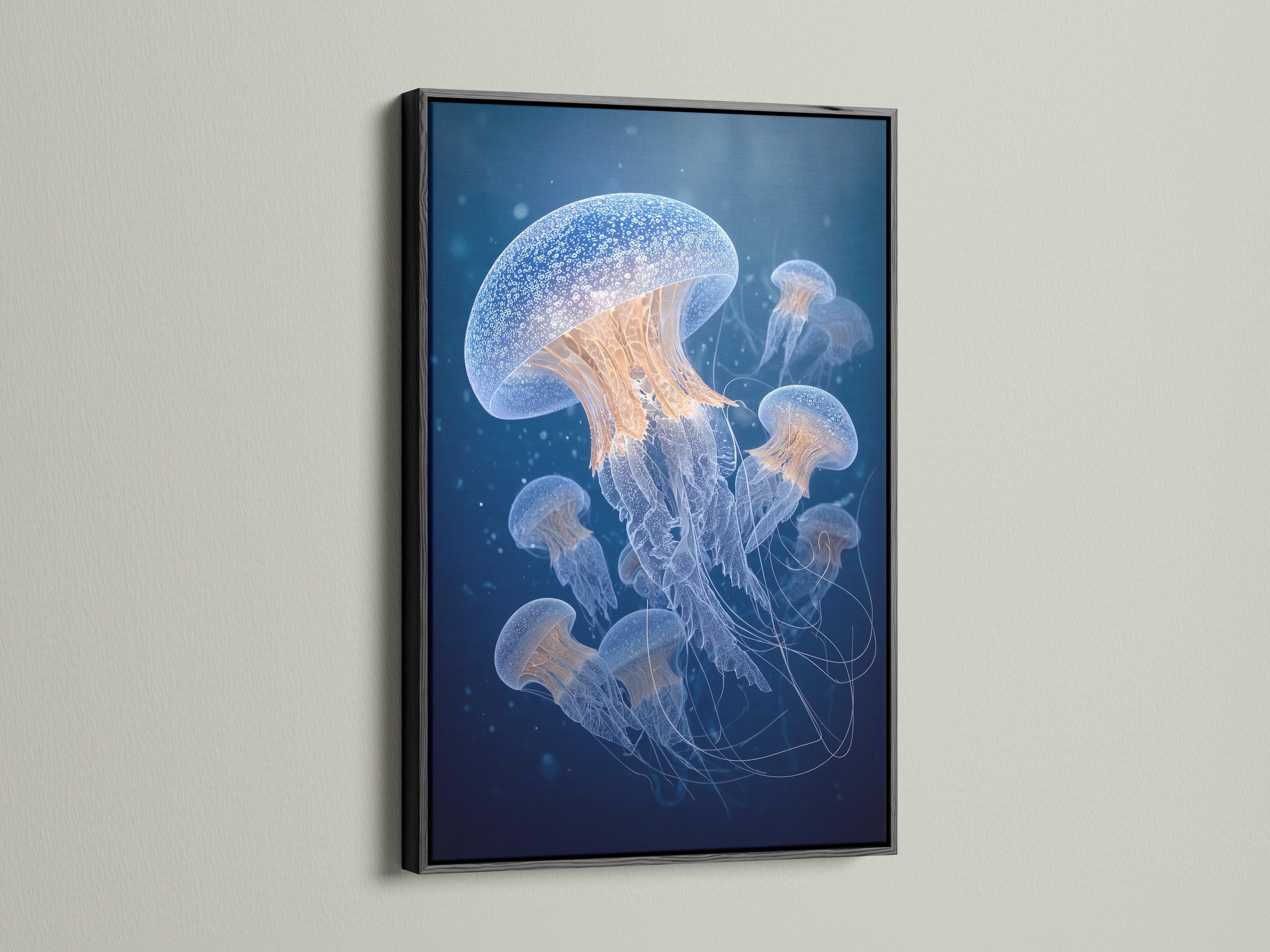 A framed artwork showing blue jellyfish on a deep navy ocean background