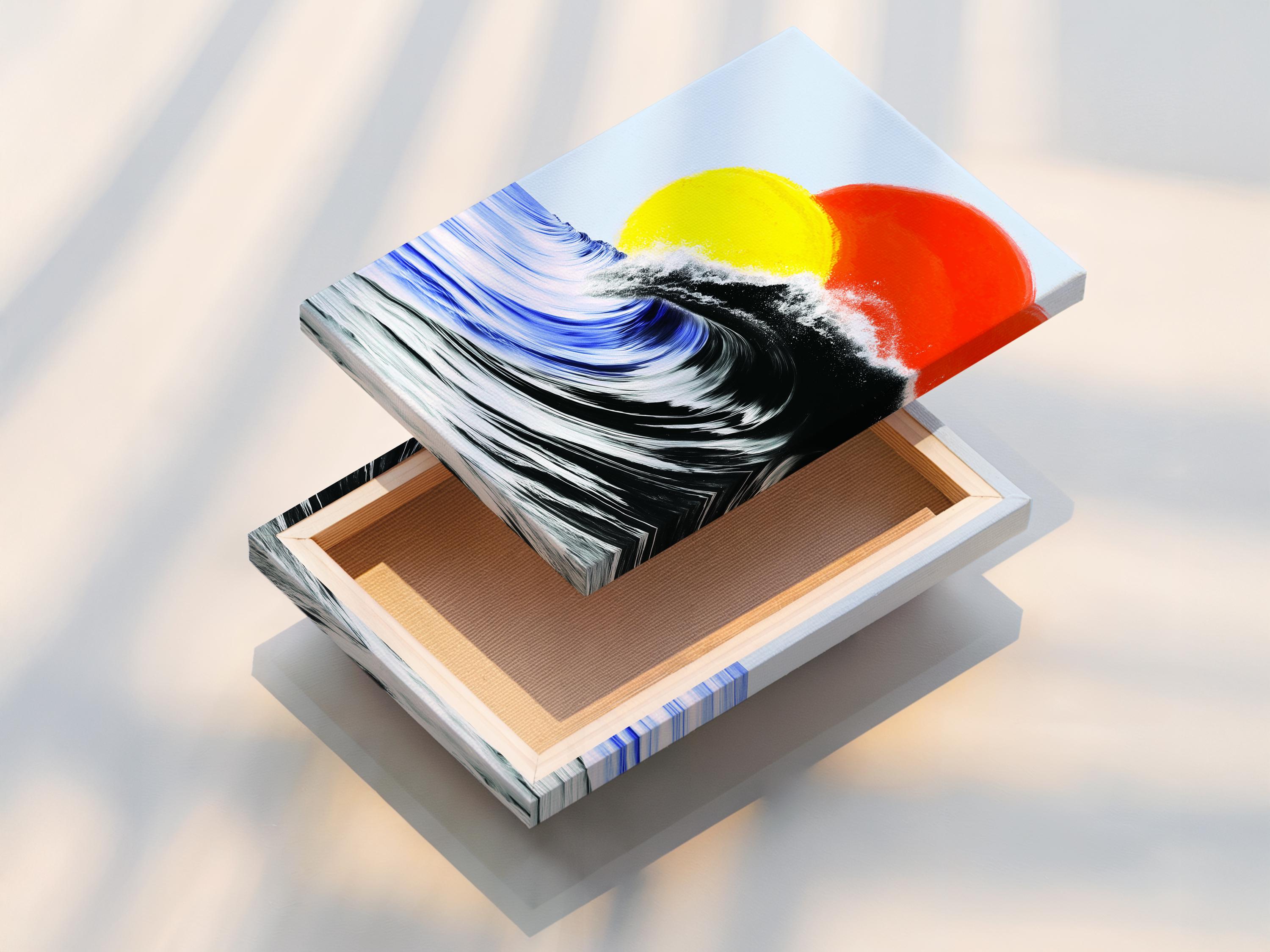 Room mockup showing a framed abstract ocean artwork on a wall near an open window and lounge area