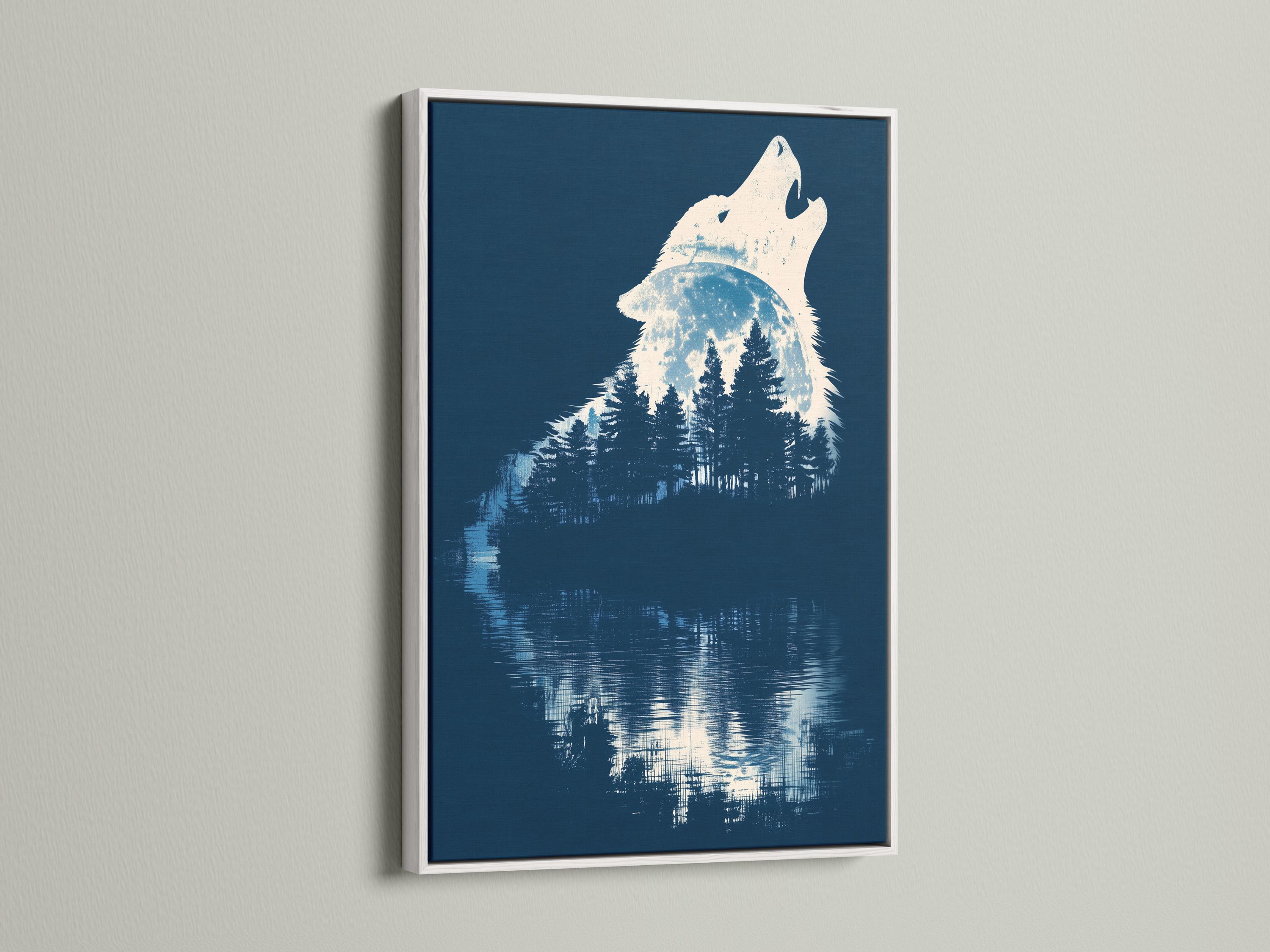 Wolf silhouette howling at a glowing moon above dark forest trees with a reflection on water detail view