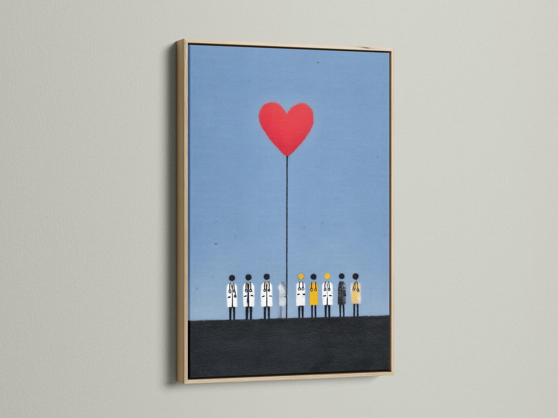 Red heart balloon above stylised healthcare workers in white coats on a light-blue textured background detail view
