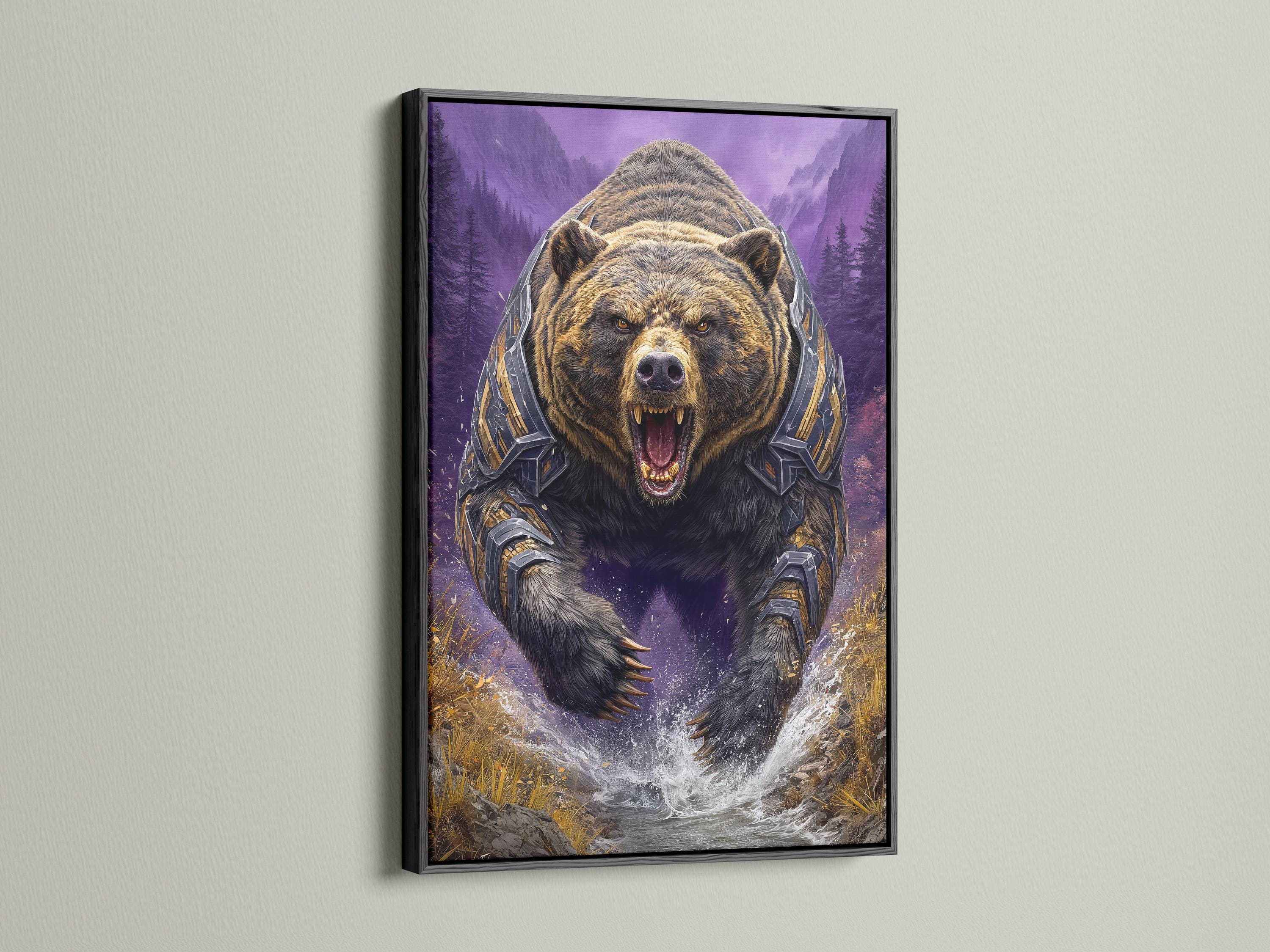 Roaring armoured bear in a purple mountain fantasy scene with gold accents and a white splash detail view